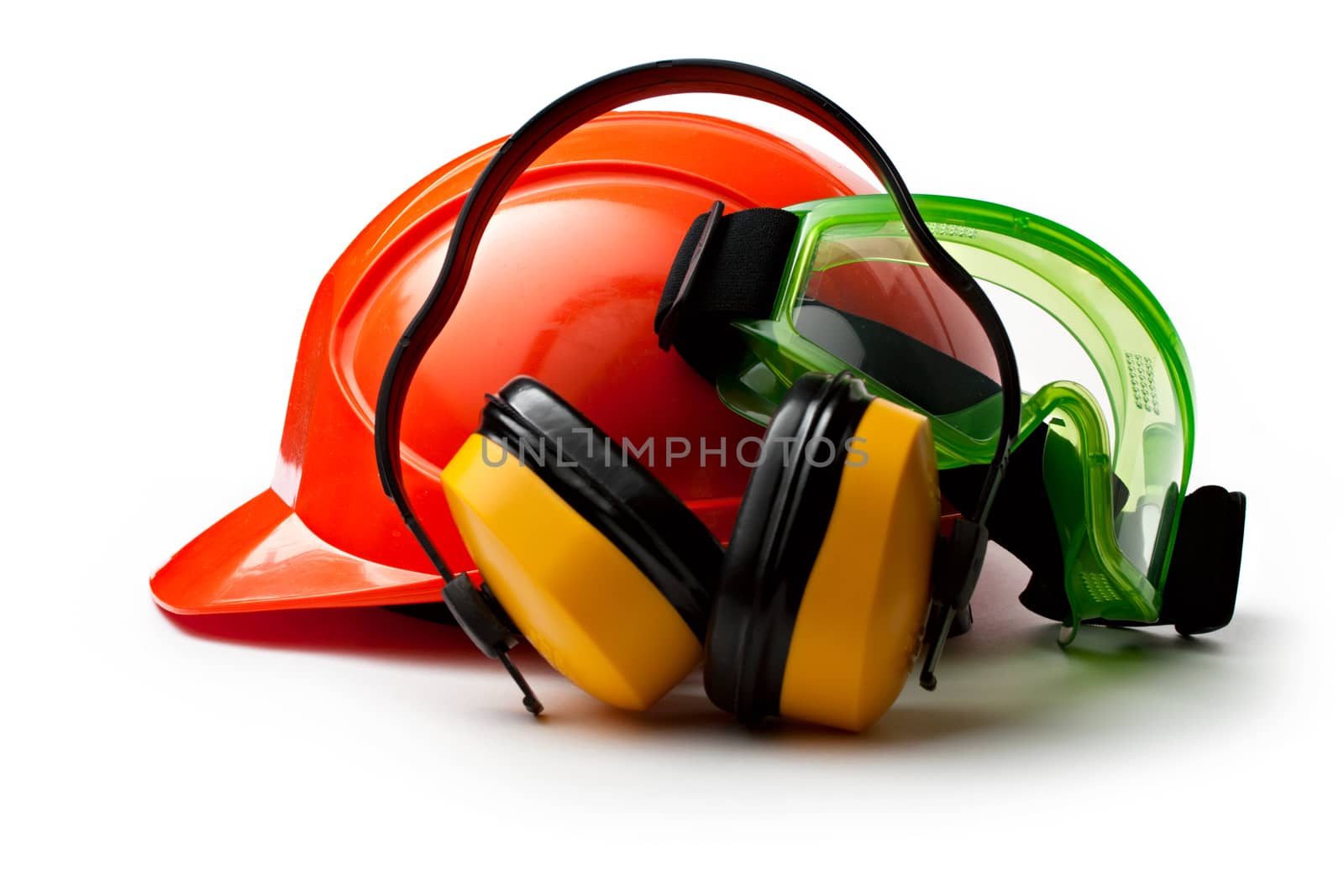 Red safety helmet with earphones and goggles