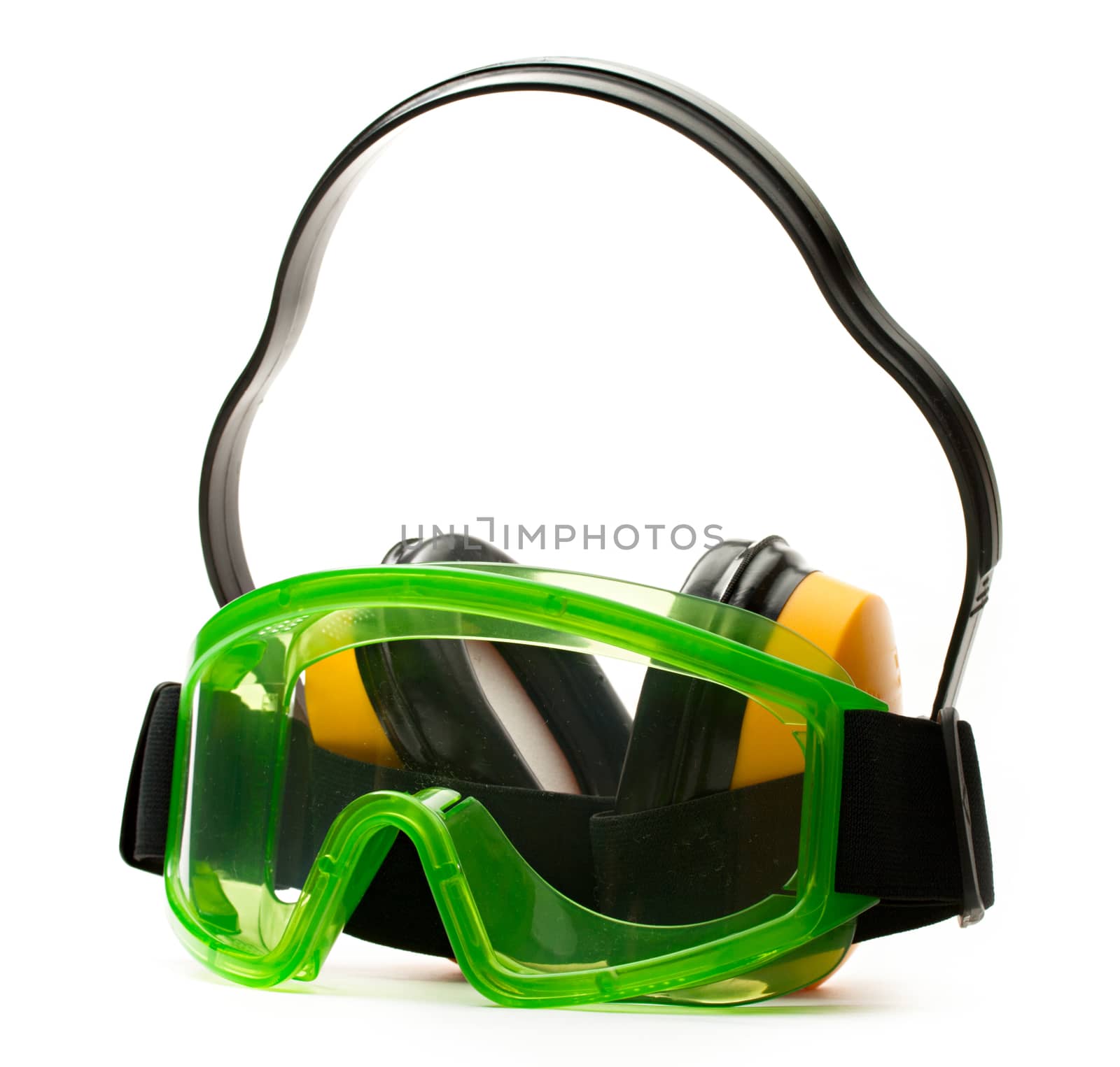 Green goggles with earphones 