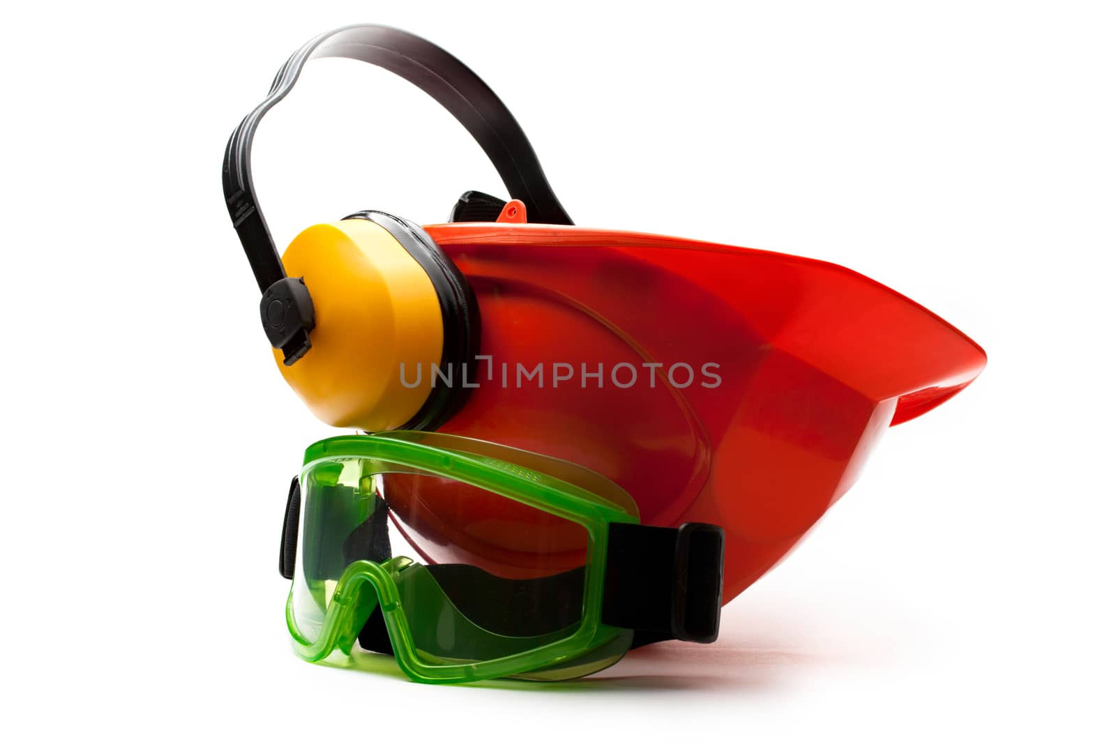 Red safety helmet with earphones and goggles by Garsya