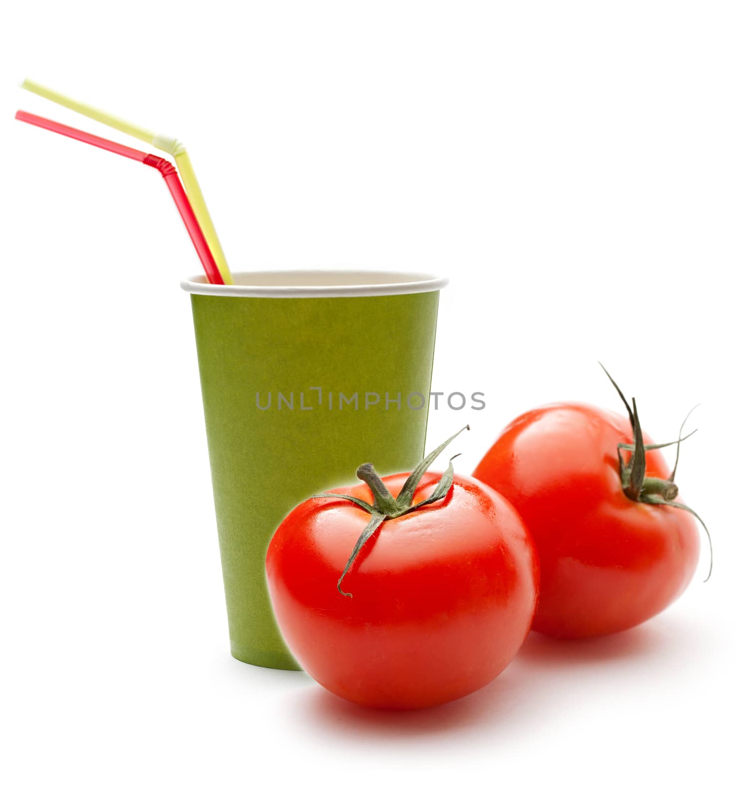 Paper cup with straws and tomatoes by Garsya