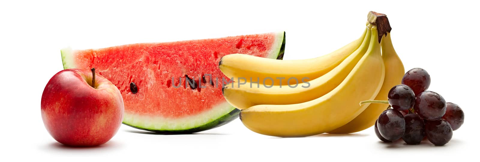 Watermelon, bananas. apple and grapes