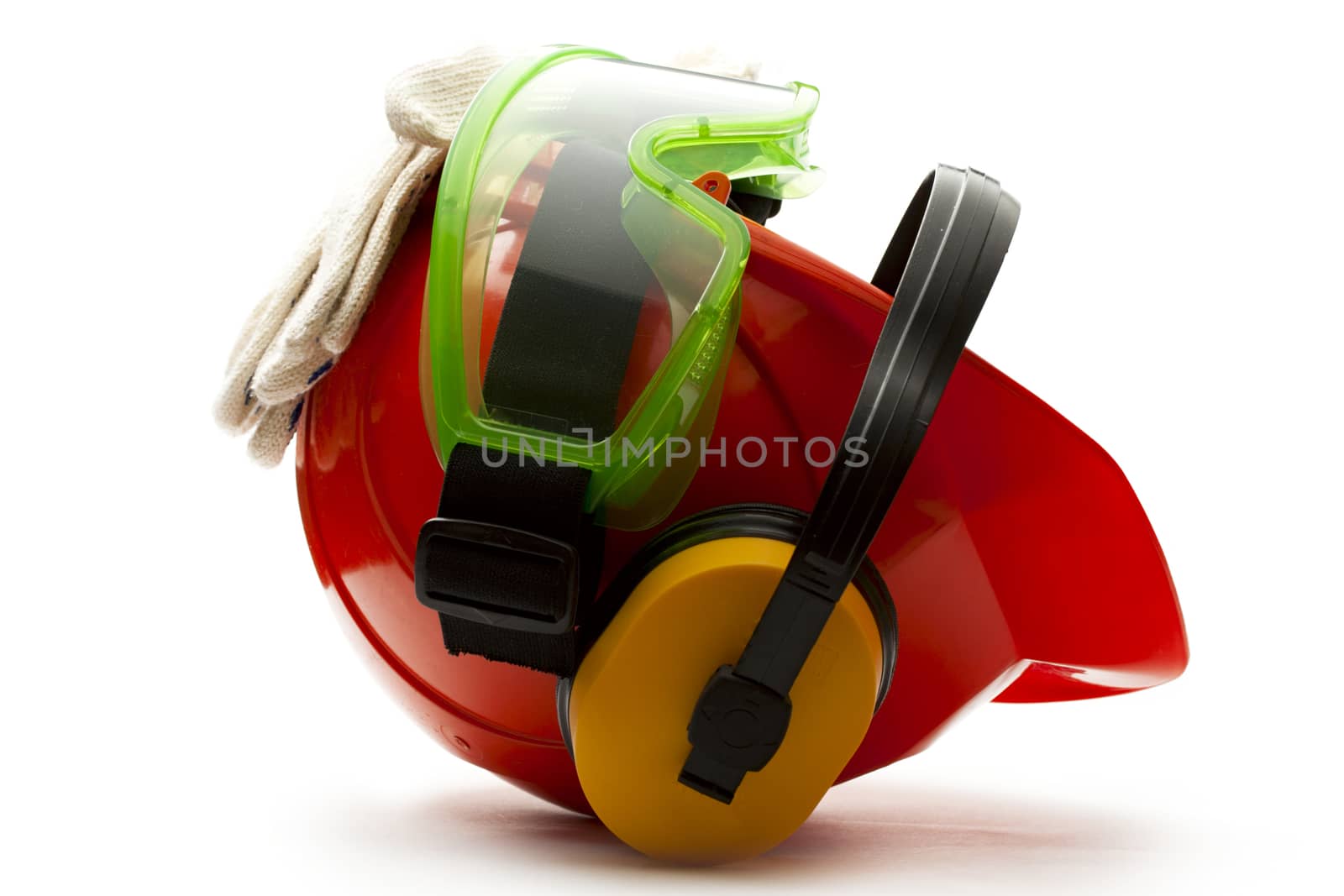 Red safety helmet with earphones, goggles and gloves