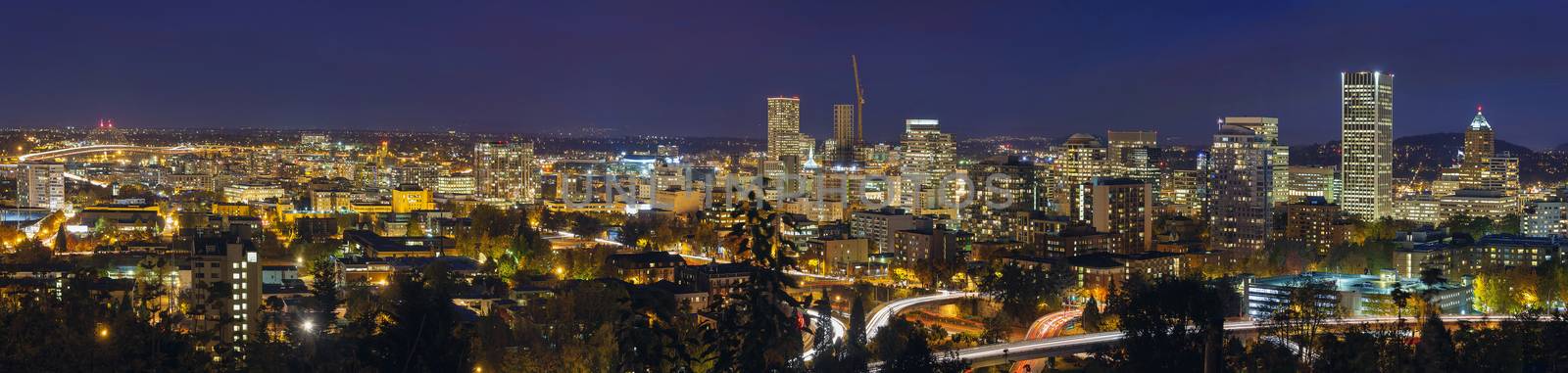 Portland Oregon Downtown Cityscape and Freeway at Evening Blue Hour Panorama