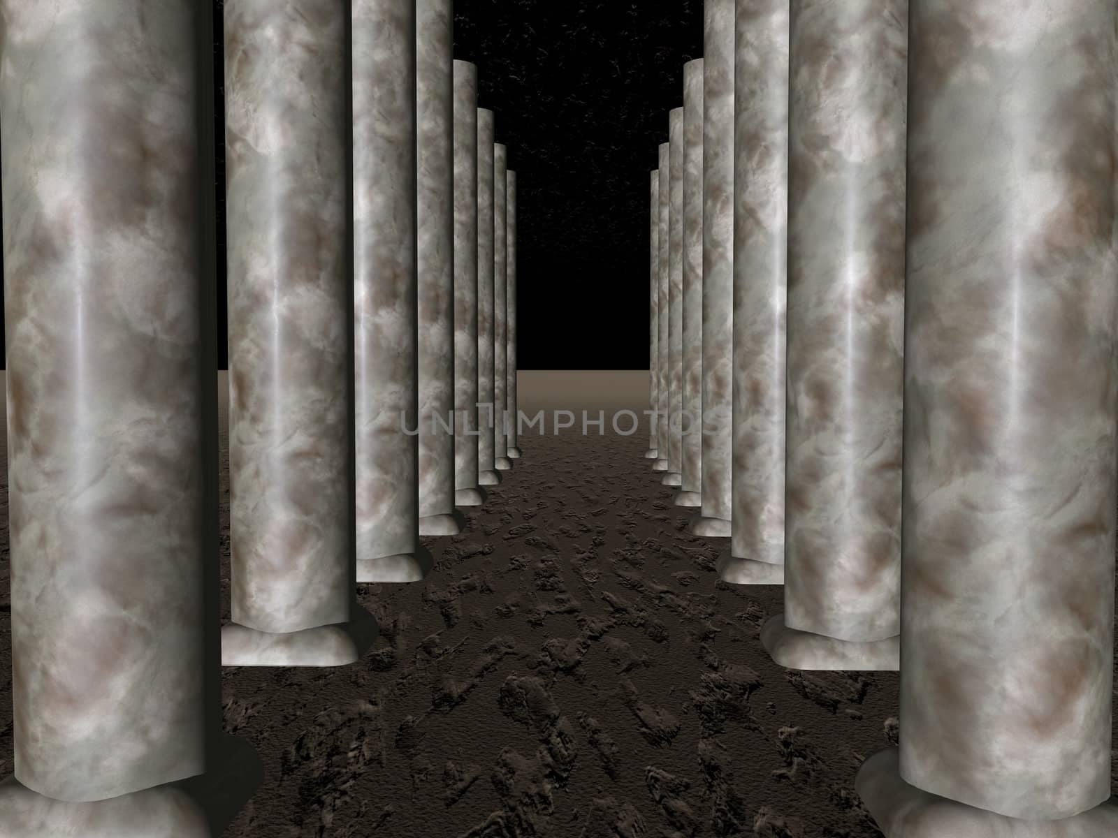 Columns extending toward infinite, sandy background, 3d render