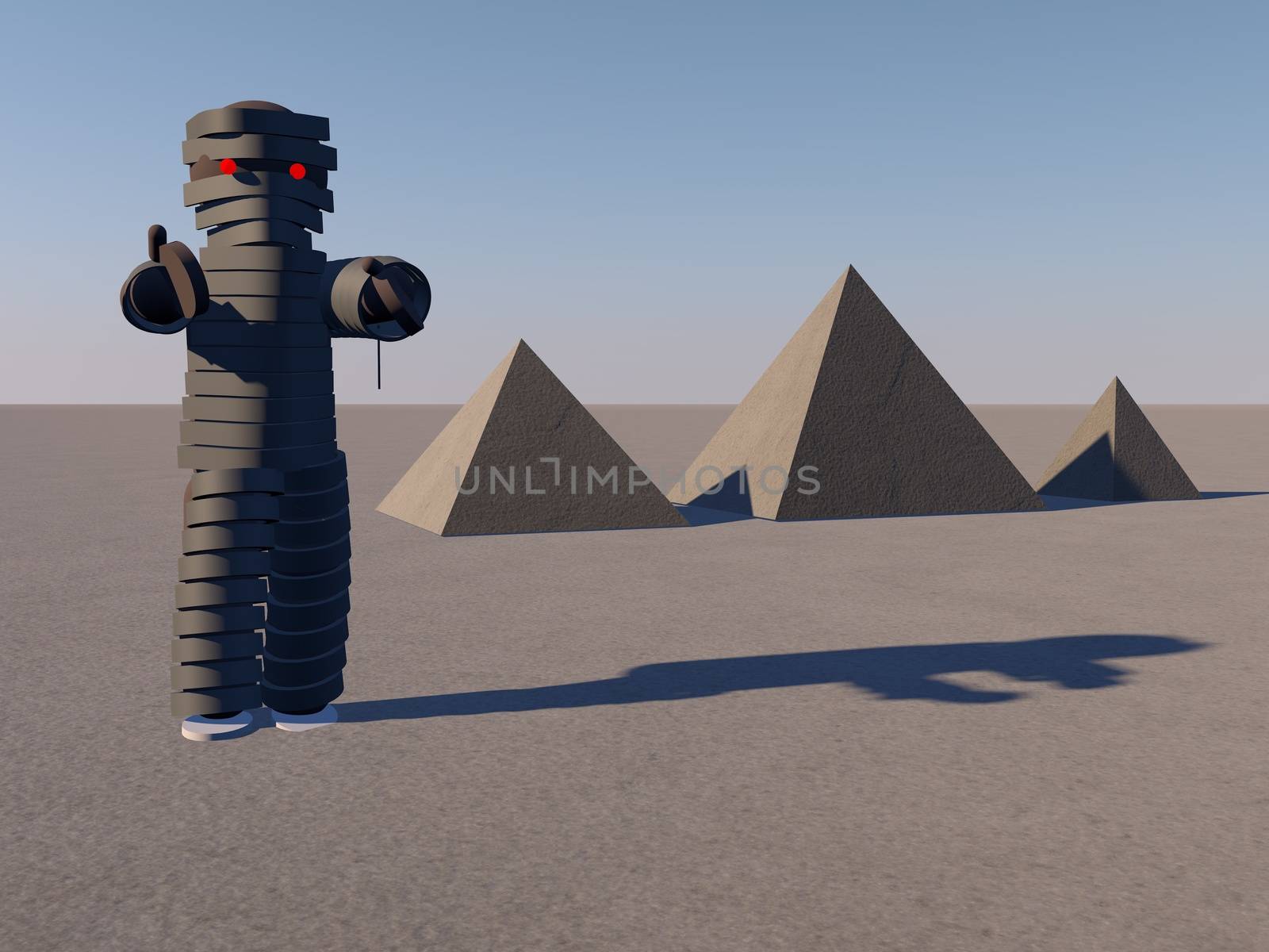 Mummy walking in the desert witrh pyramids on the back, 3d render
