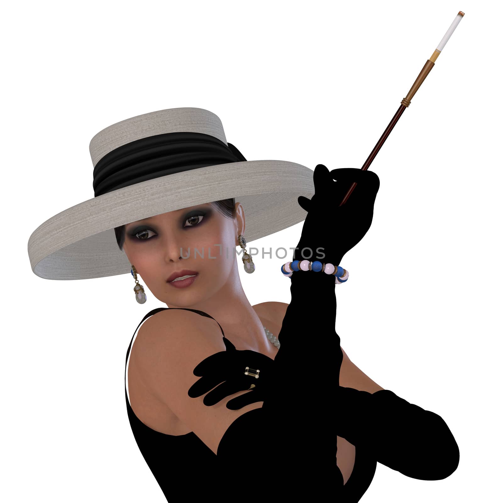 A beautiful woman in a black dress, hat and gloves in the style of old Hollywood glamour.