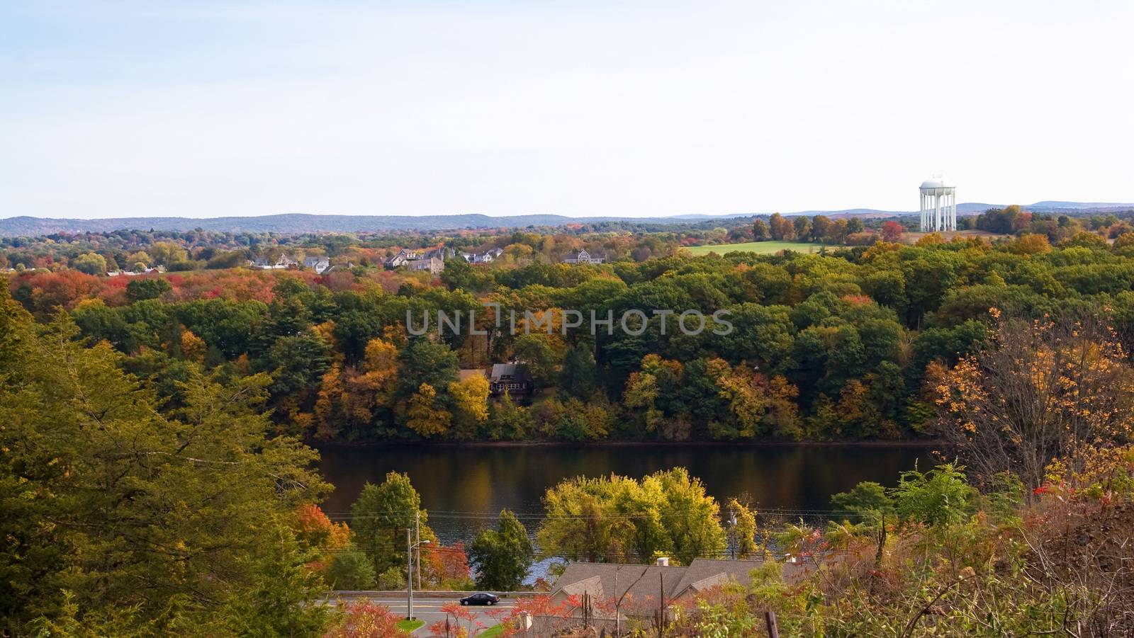 New England scenery overlooking Ludlow Mass with colorful fall foliage.  