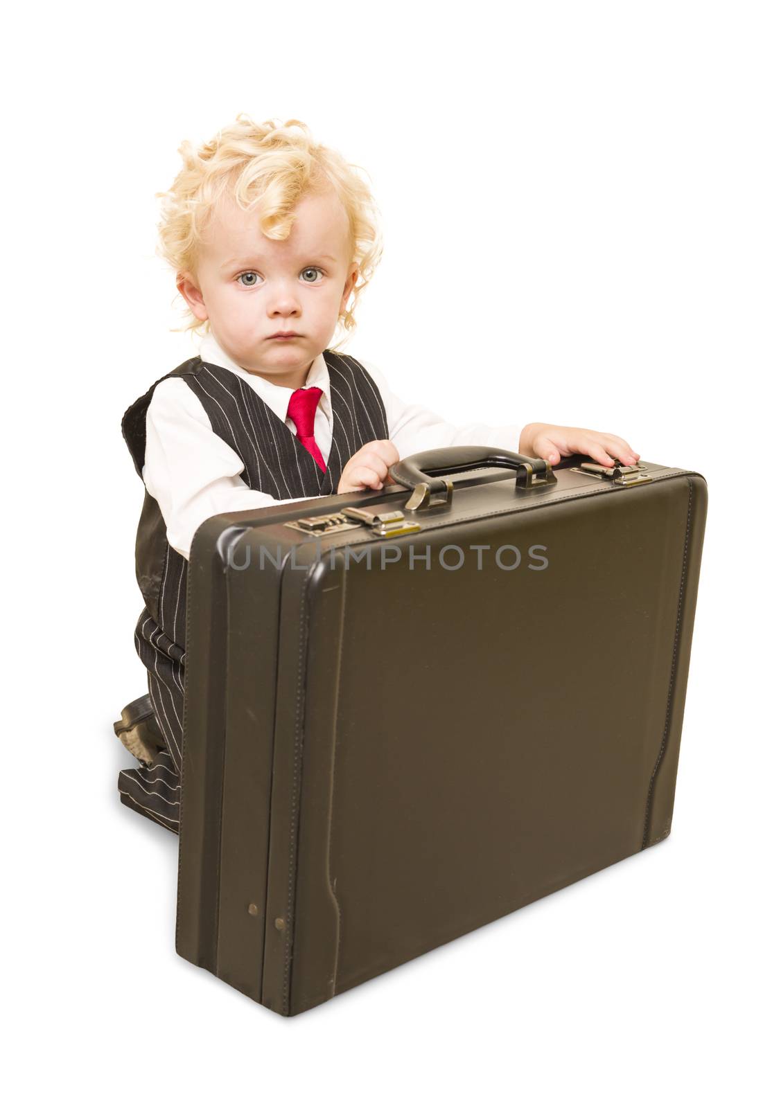Boy in Vest Suit and Tie with Briefcase On White by Feverpitched