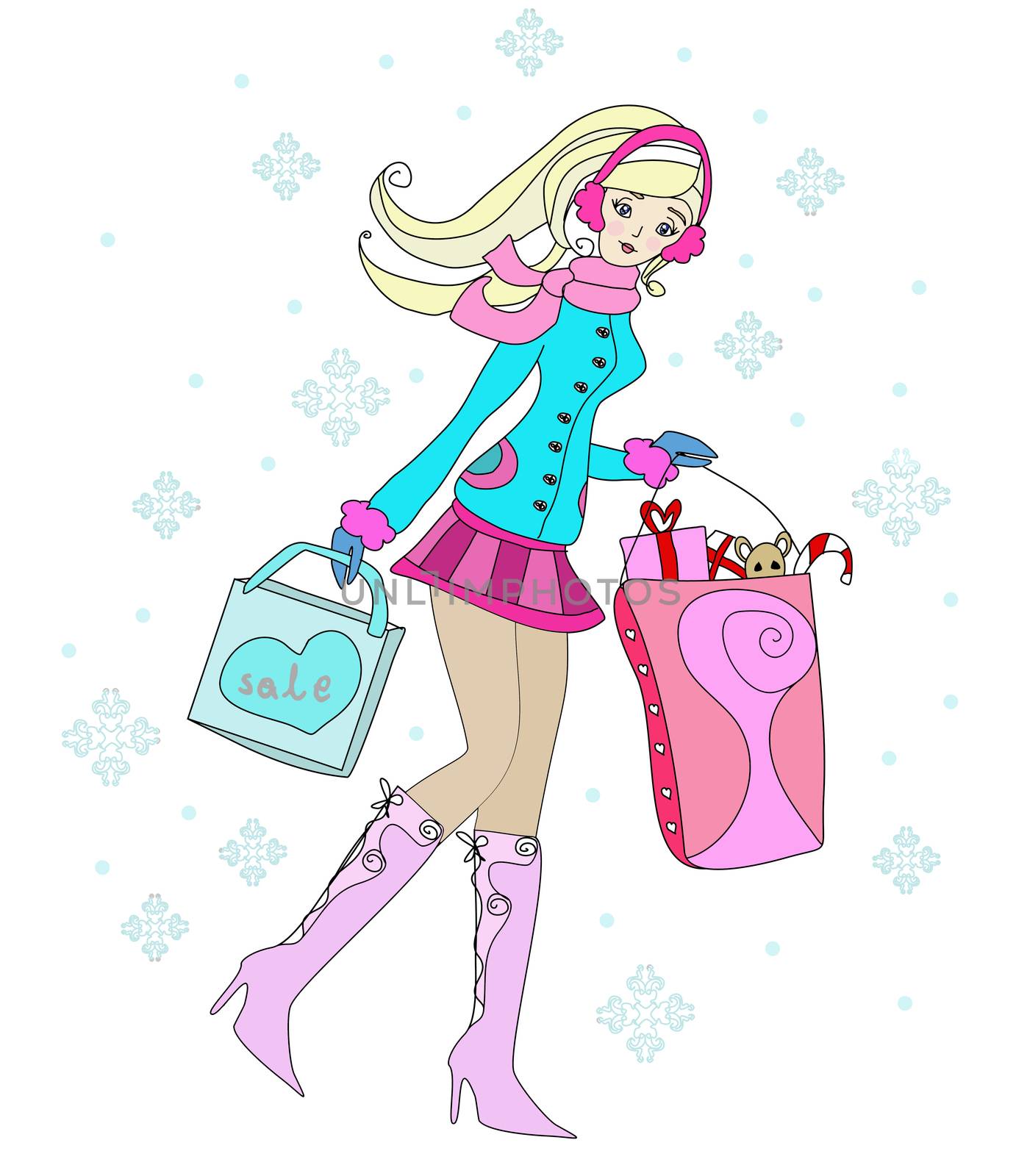 beautiful woman doing the shopping in winter