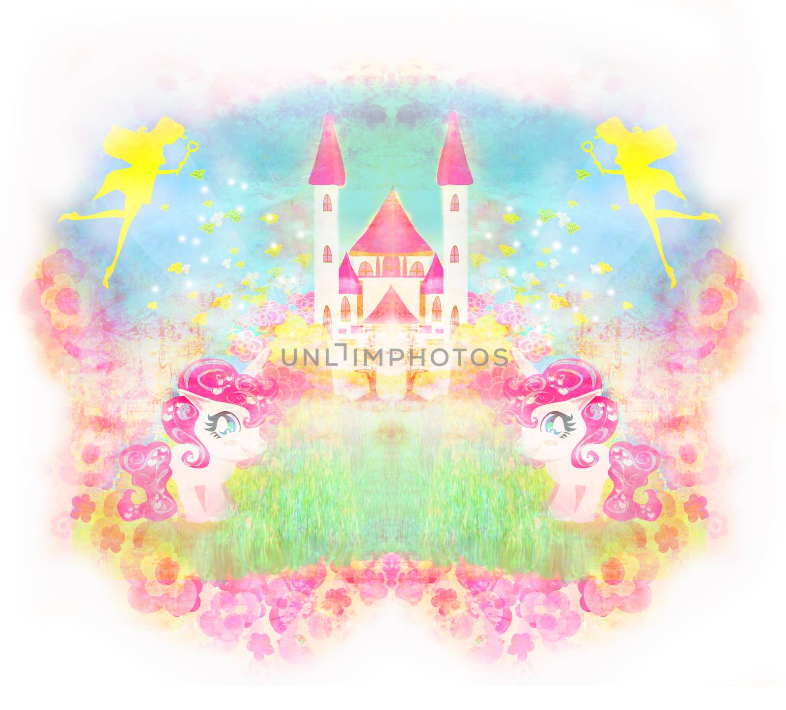 Card with a cute unicorns and magical castle