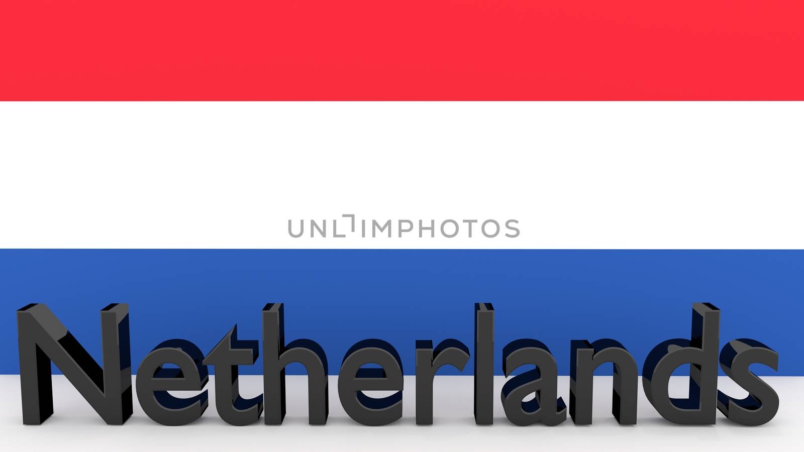 Writing Netherlands made of dark metal  in front of a dutch flag