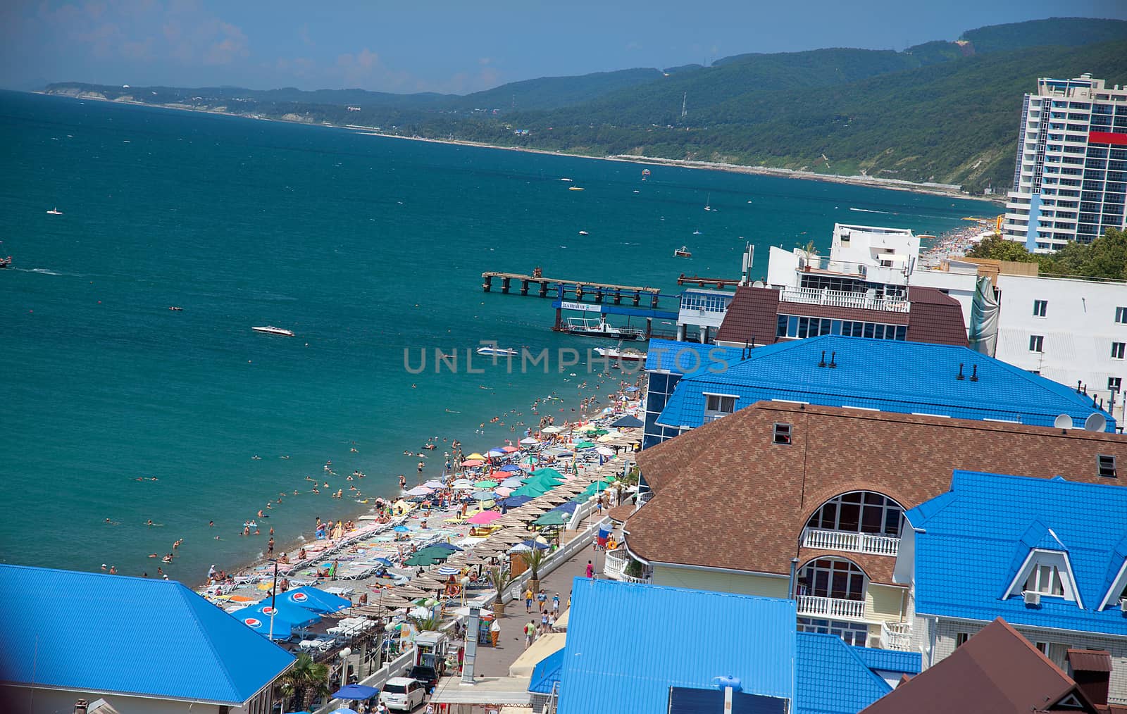 Caucasus mounts, Black sea and beach Lazarevskoe in the summer