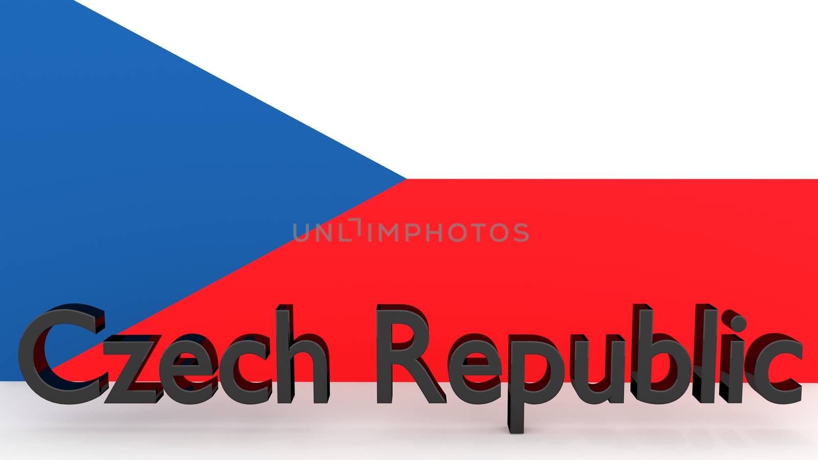 Writing Czech Republic made of dark metal  in front of a Czech flag