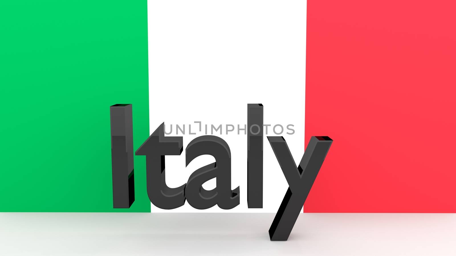 Writing Italy made of dark metal  in front of an italian flag