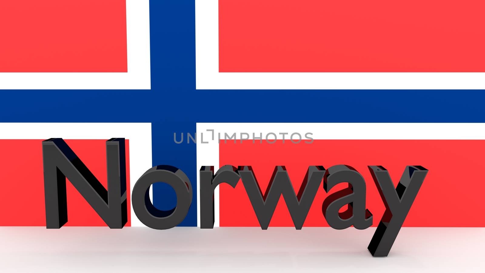 Writing Norway made of dark metal  in front of a norwegian flag