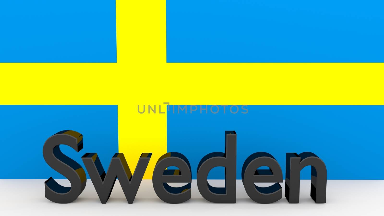 Writing Sweden made of dark metal  in front of a swedish flag