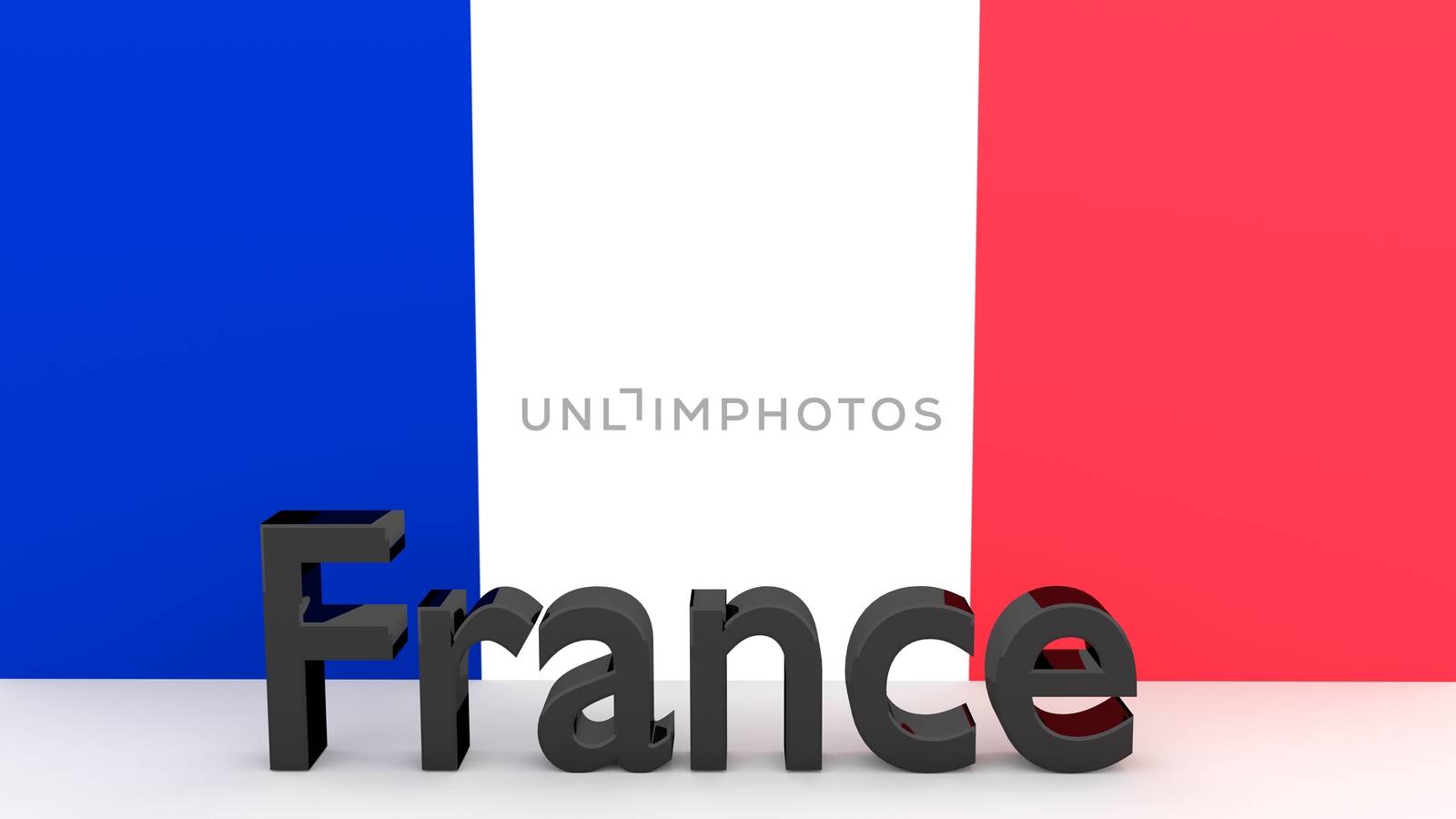 Writing France made of dark metal  in front of a french flag