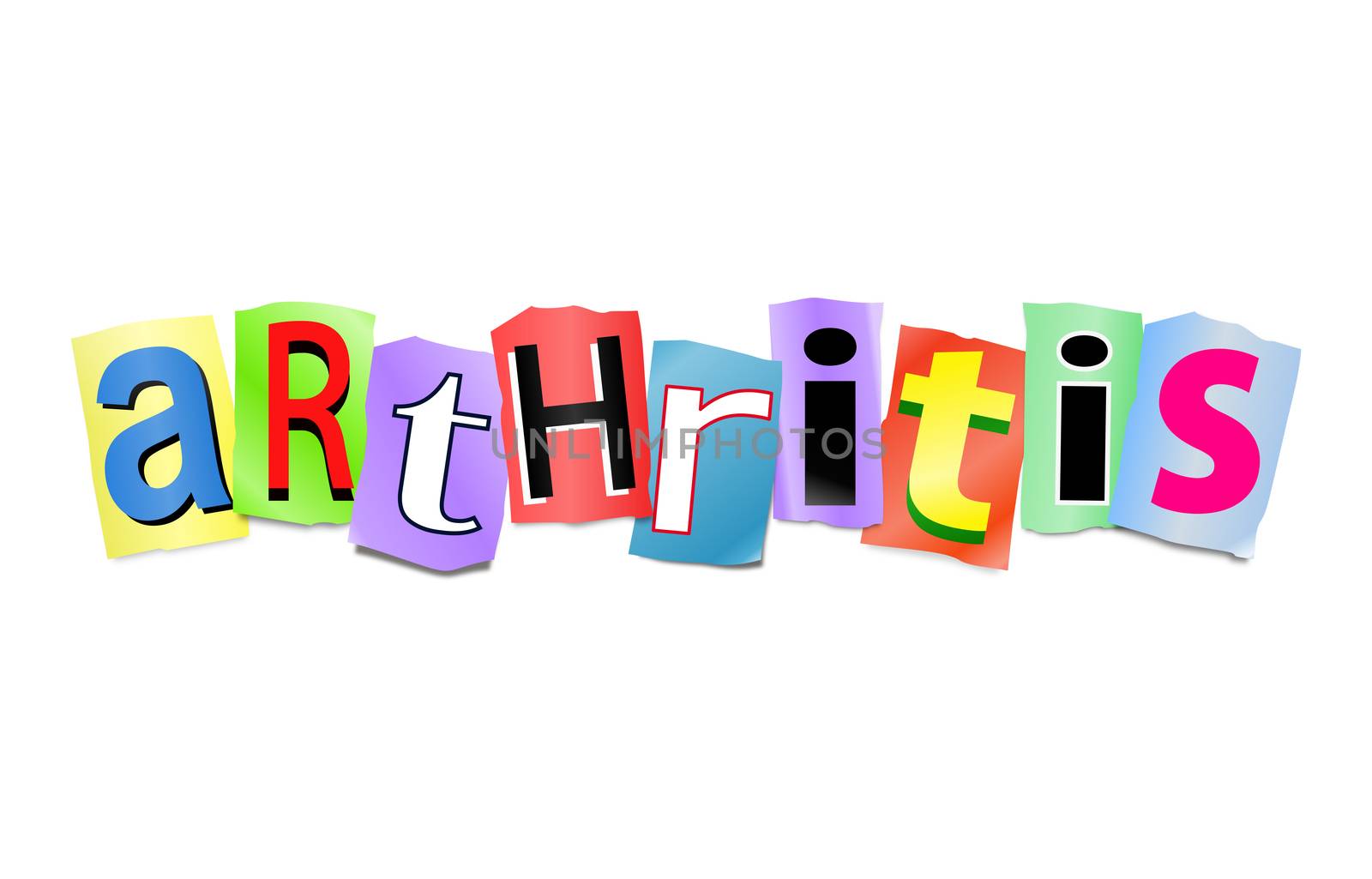 Illustration depicting a set of cut out printed letters arranged to form the word Arthritis.