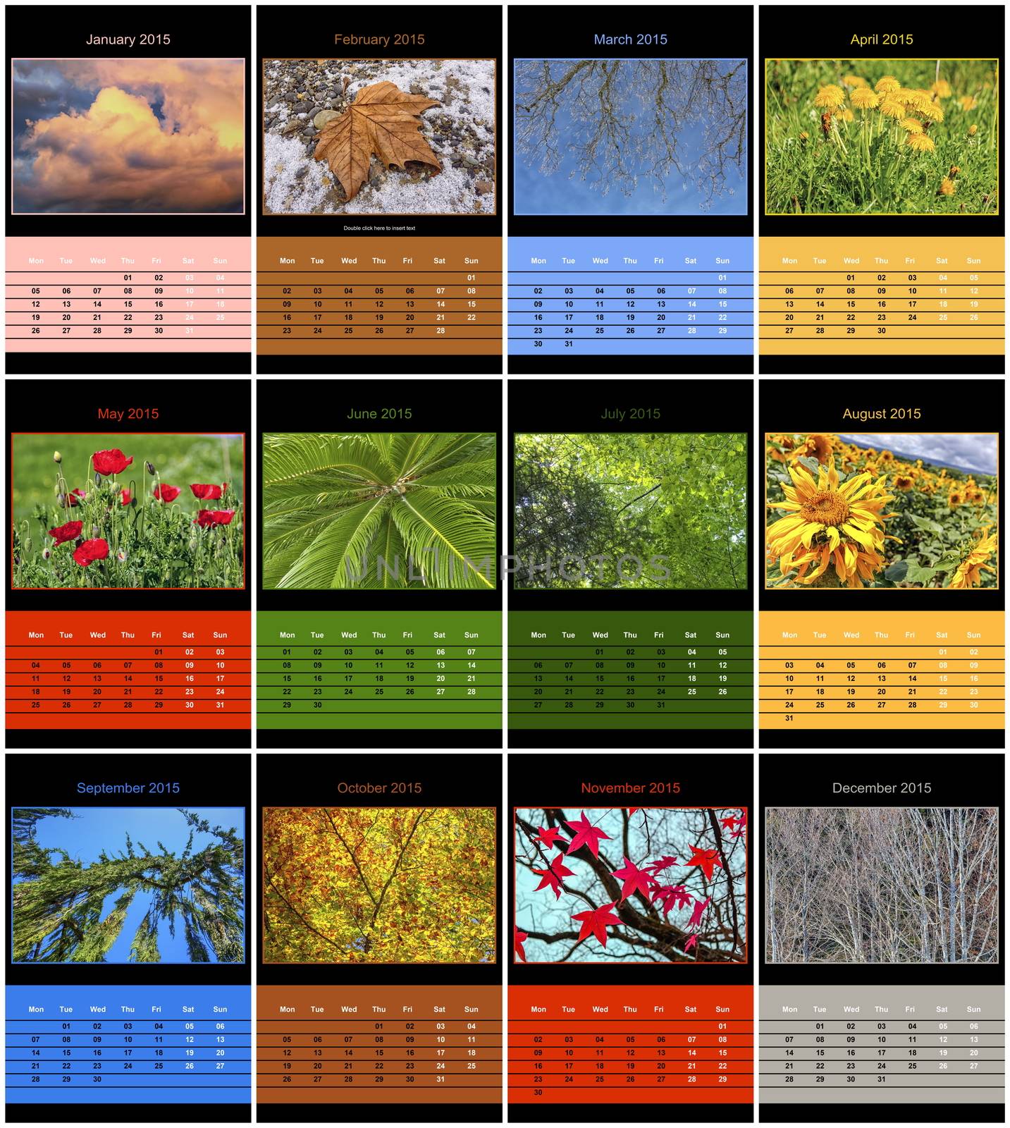 Nature calendar for 2015 with all months and week starting on monday