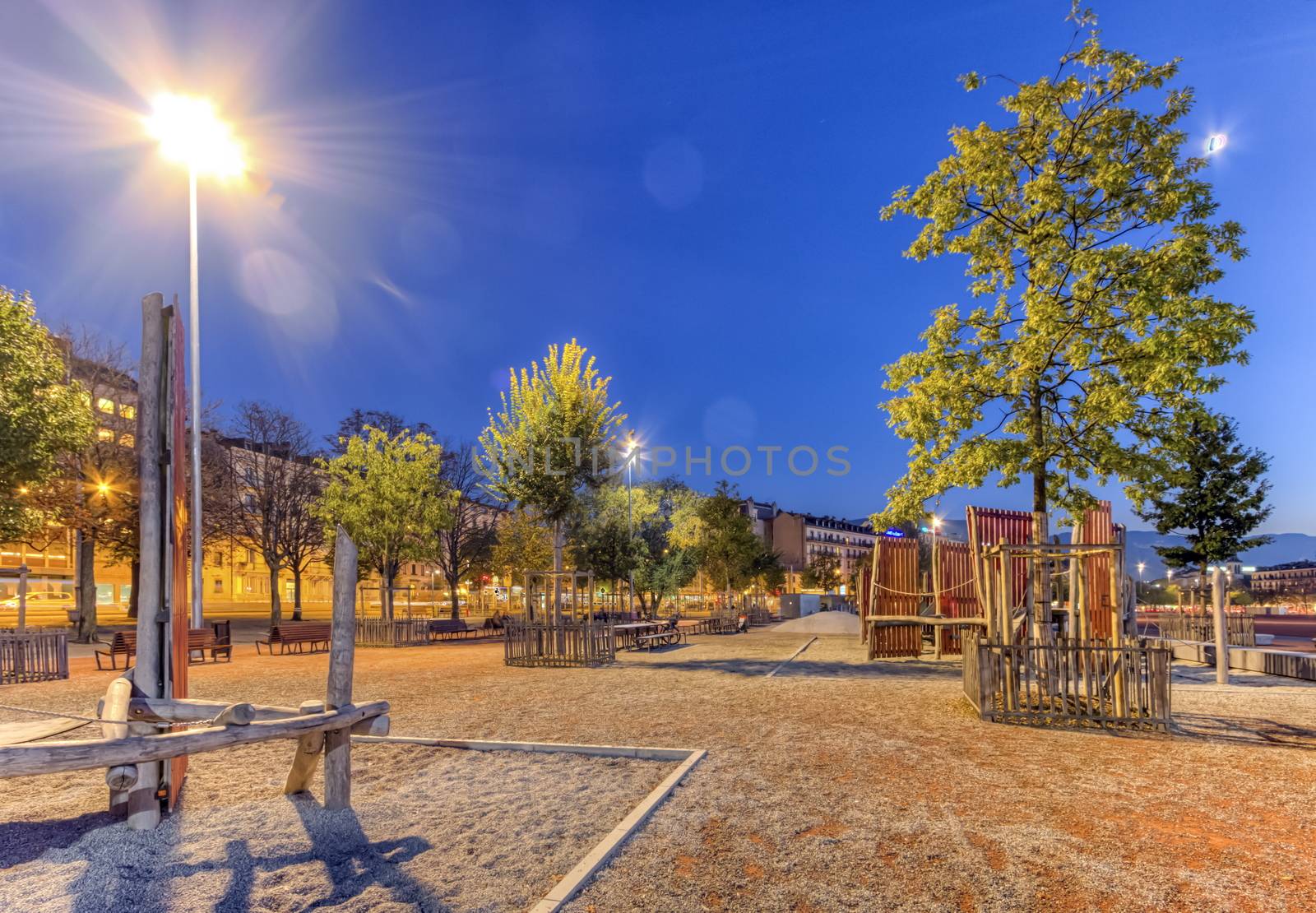 Plain of Plainpalais by night in Geneva, Switzerland, HDR