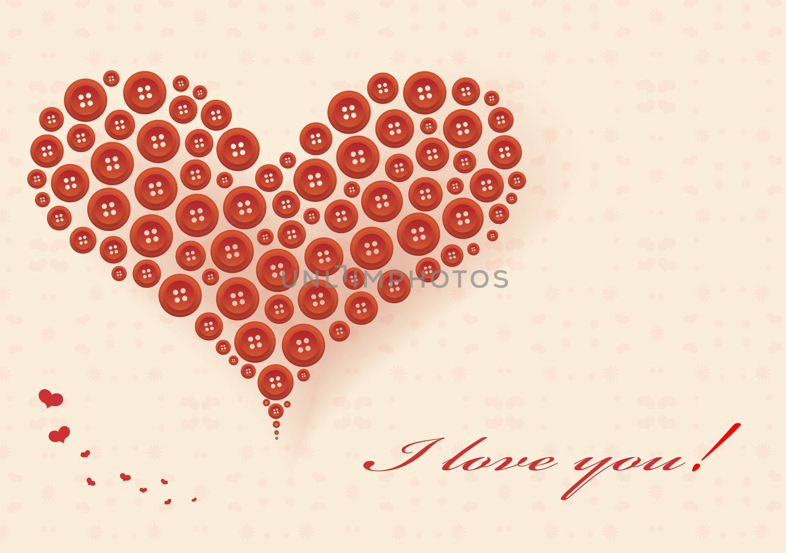Stylized heart made of red buttons. Greeting card for Valentine's Day.