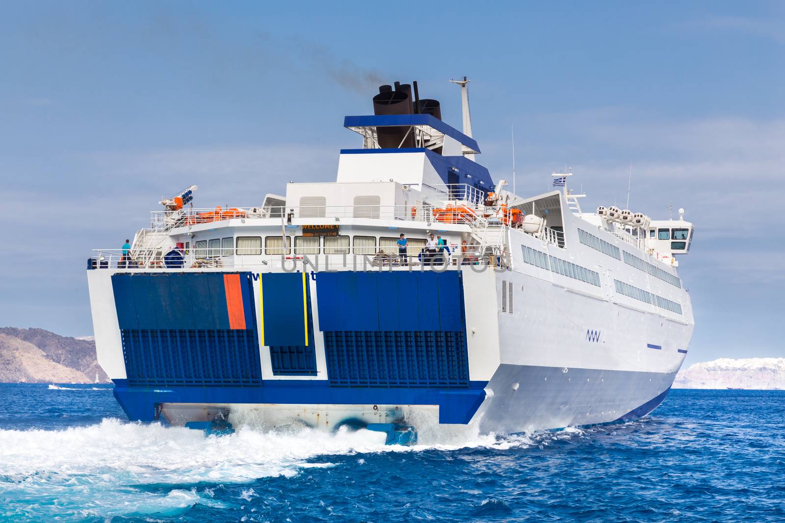 Large ferry boat sailing in Mediterranean sea.