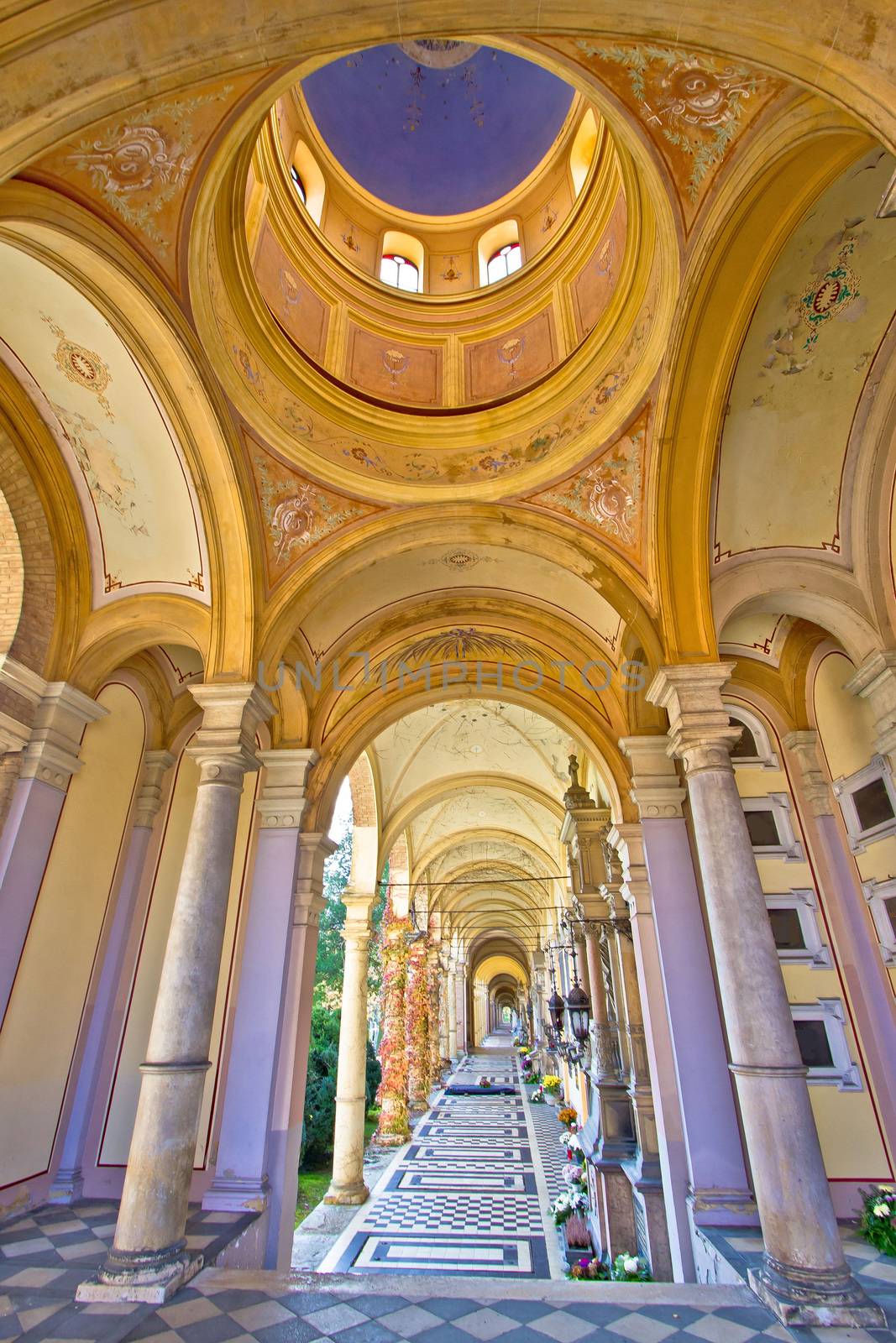 Arcades of Mirogoj cemetary in Zagreb vertical view, capital of Croatia