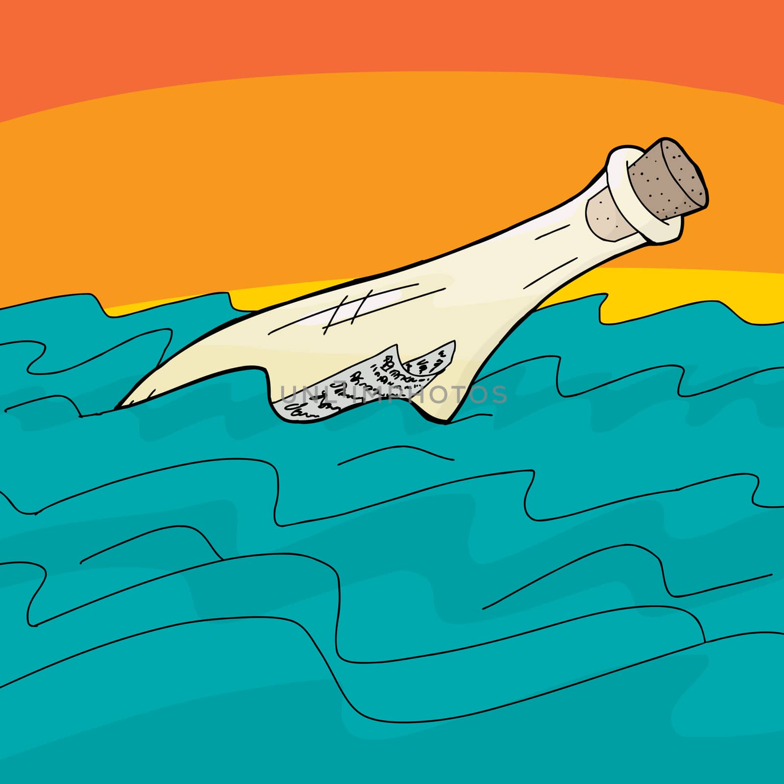 Hand drawn message in a bottle floating in ocean