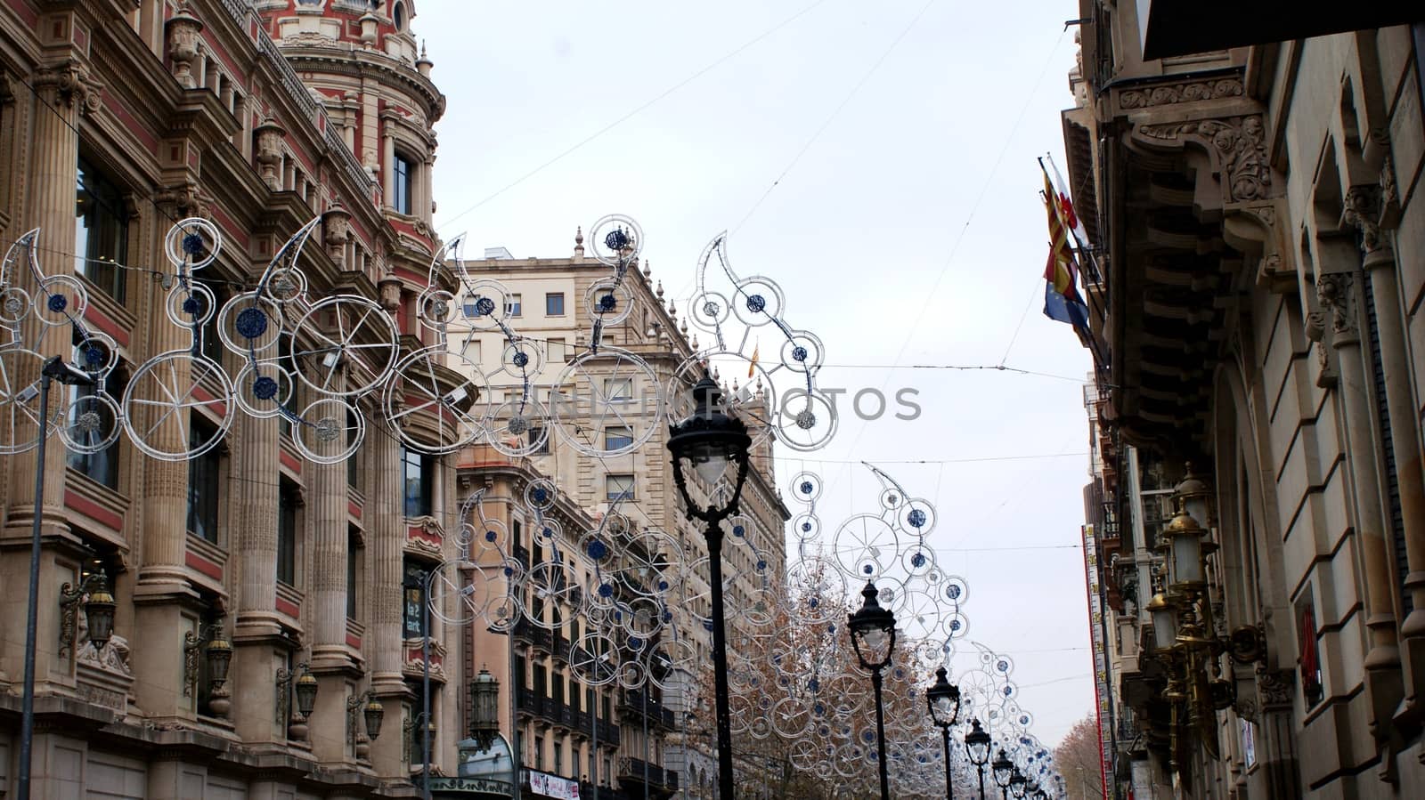 Christmas street in Barcelona, Spain. Different houses and decorations