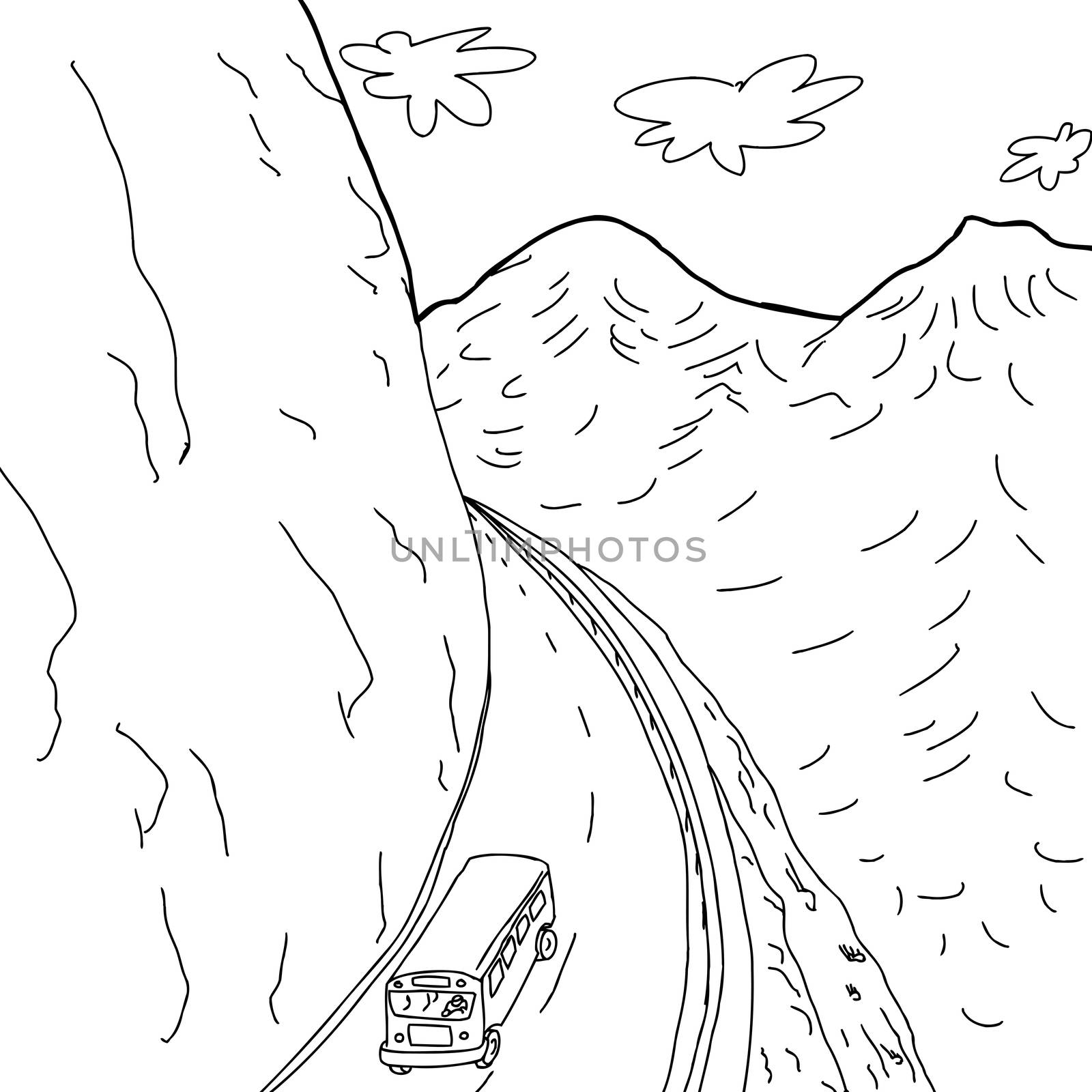 Outline cartoon drawing of school bus on mountain highway