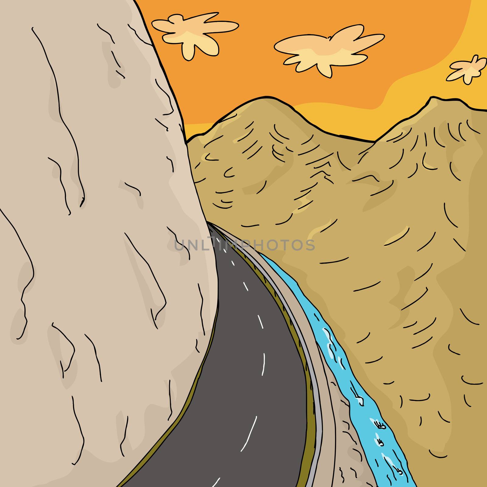 Cartoon background of highway curve in mountains