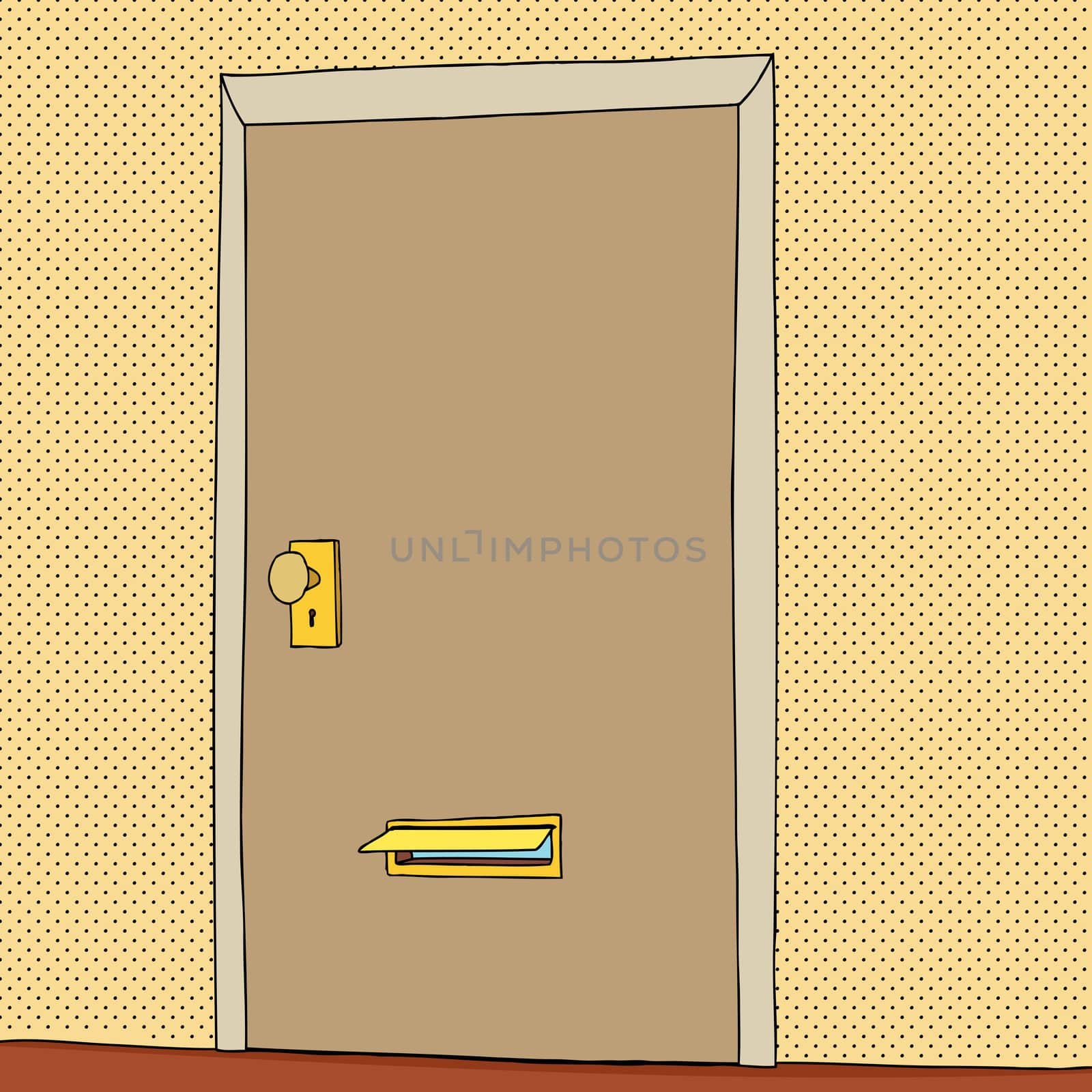 Cartoon of open mail slot in closed door