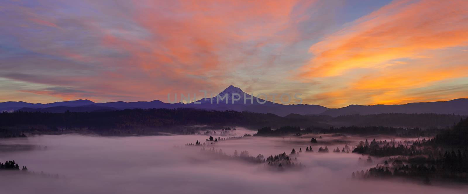 Pre Sunrise Over Mount Hood with Fog Over Sandy River from Jonsrud Viewpoint in Oregon Panorama