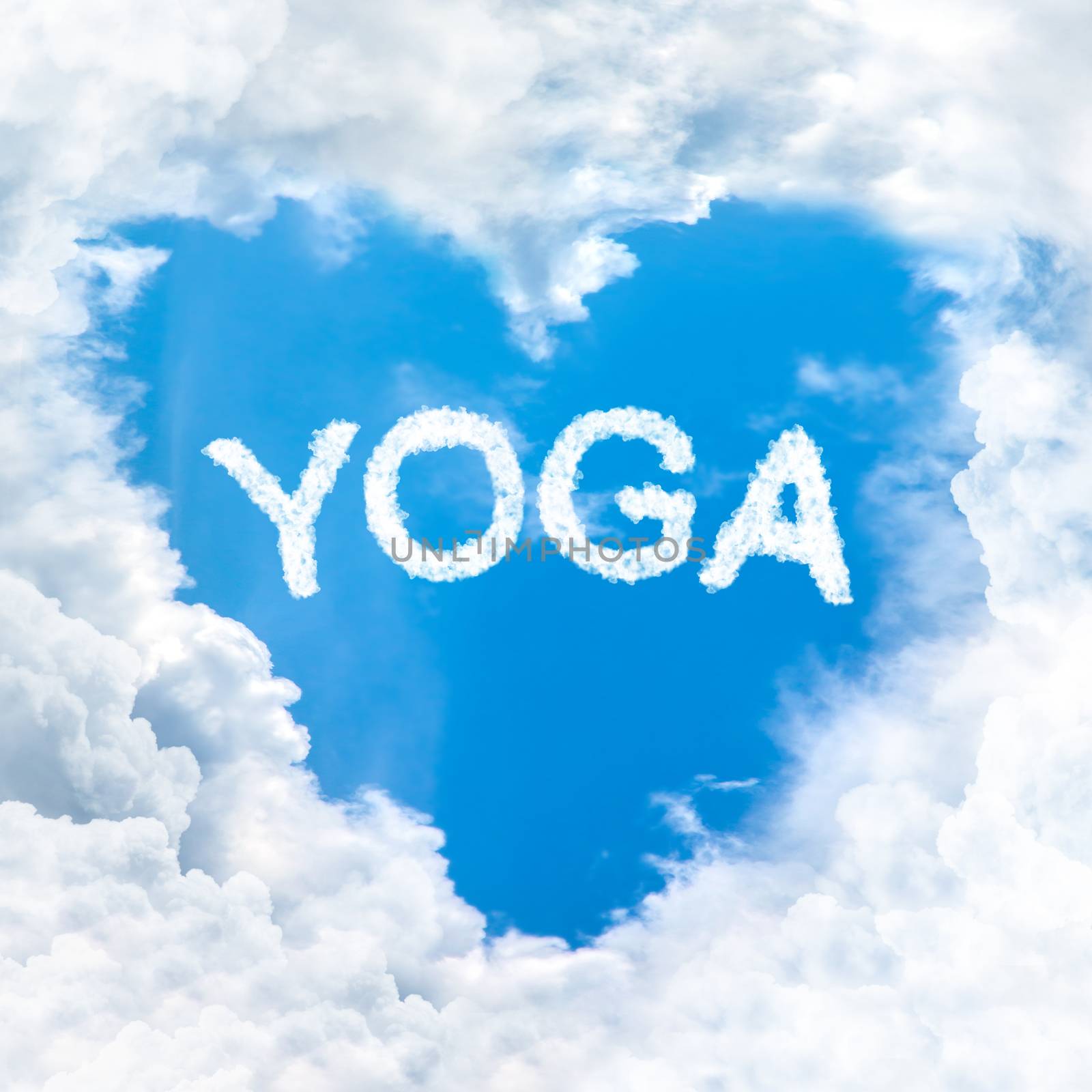 yoga word nature on blue sky inside love heart cloud form