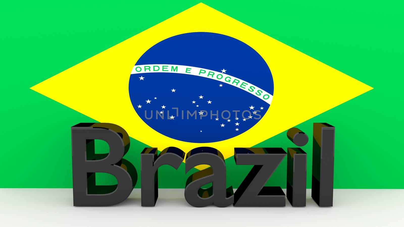 Writing Brazil made of dark metal in front of a brazilian flag