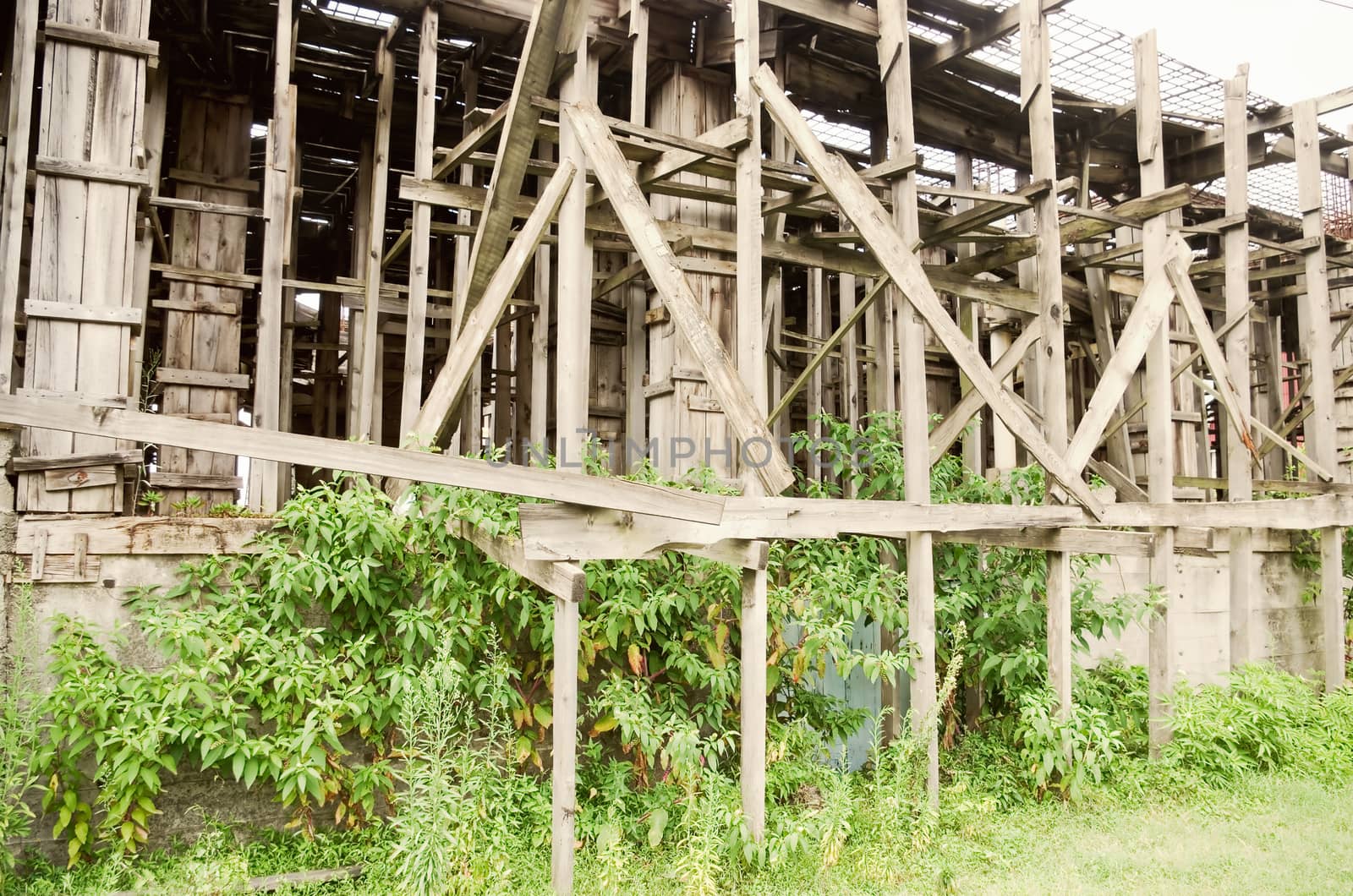 huge wood scaffold closeup on an old building exterior