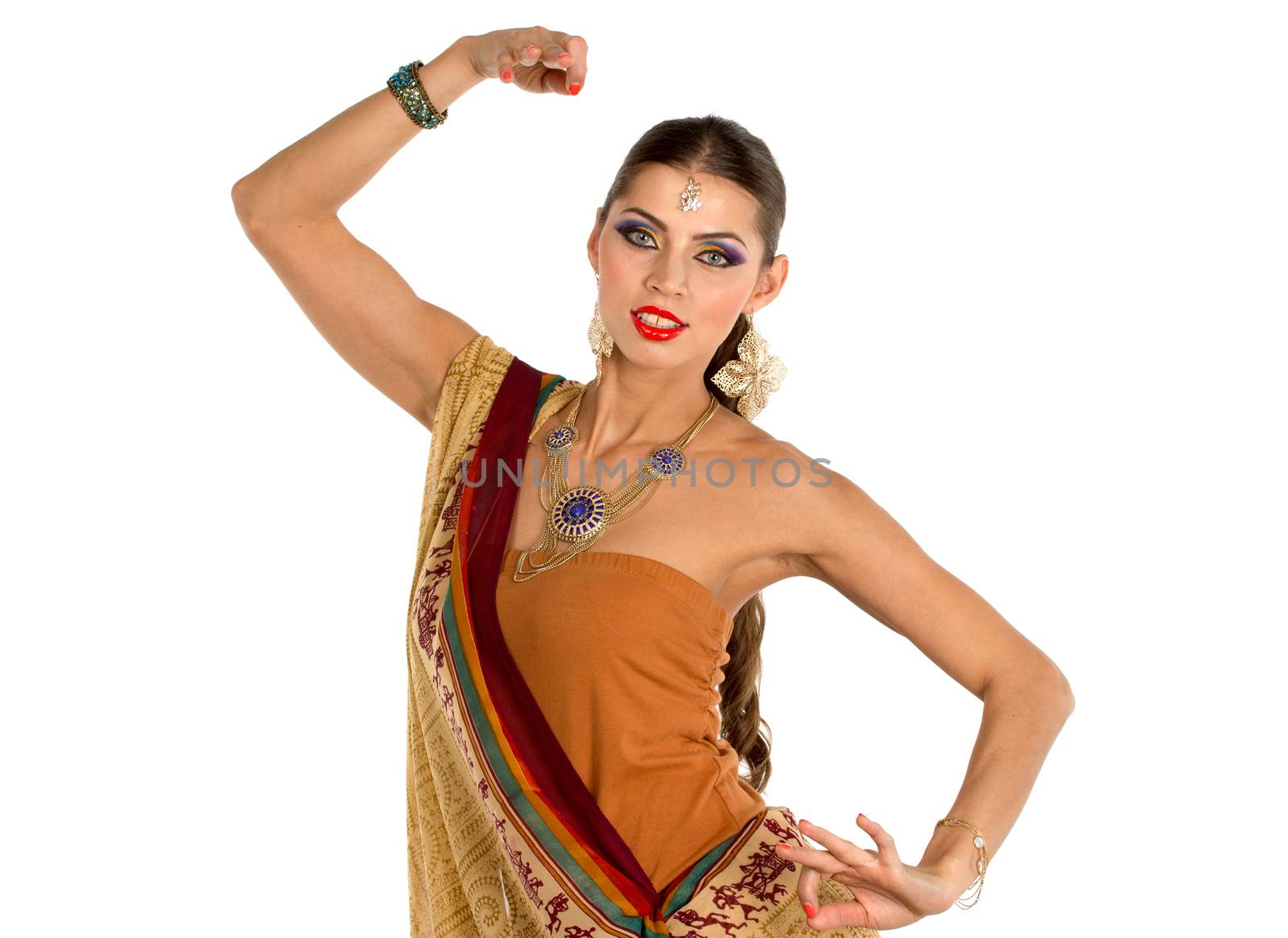 European woman posing in Indian Style, isolated on  white