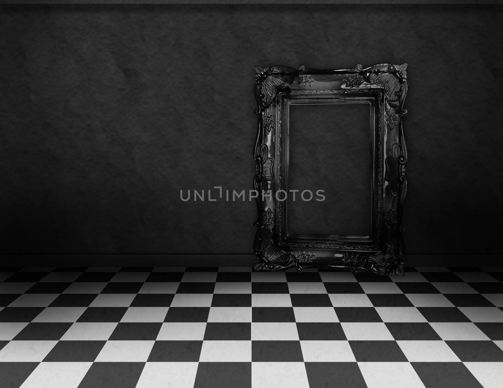 Empty, dark, psychedelic room with black and white checker on the floor and empty black frame. Nightmare or dream, museum scene or art gallery.