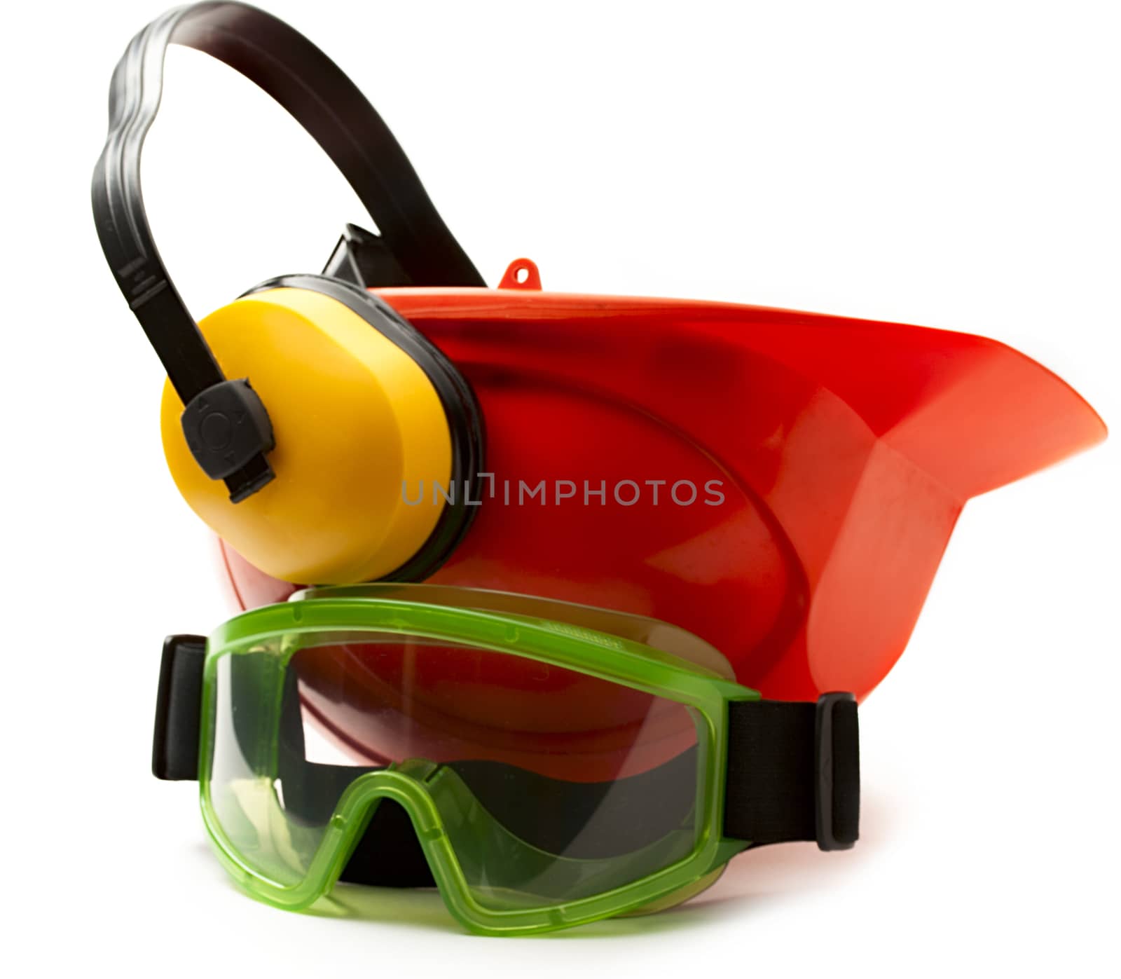 Red safety helmet with earphones and goggles by Garsya