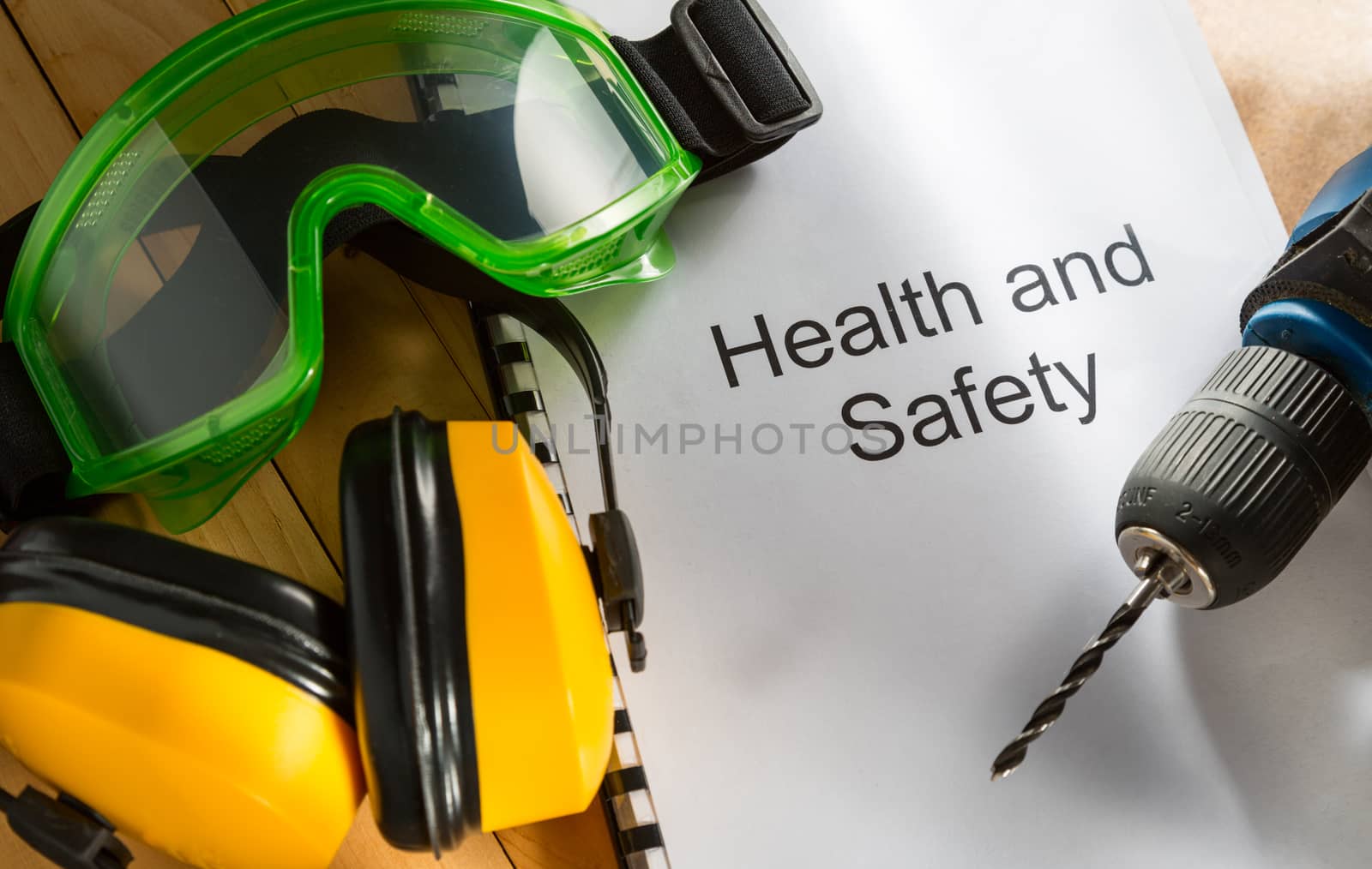 Health and safety Register with goggles, drill and earphones by Garsya