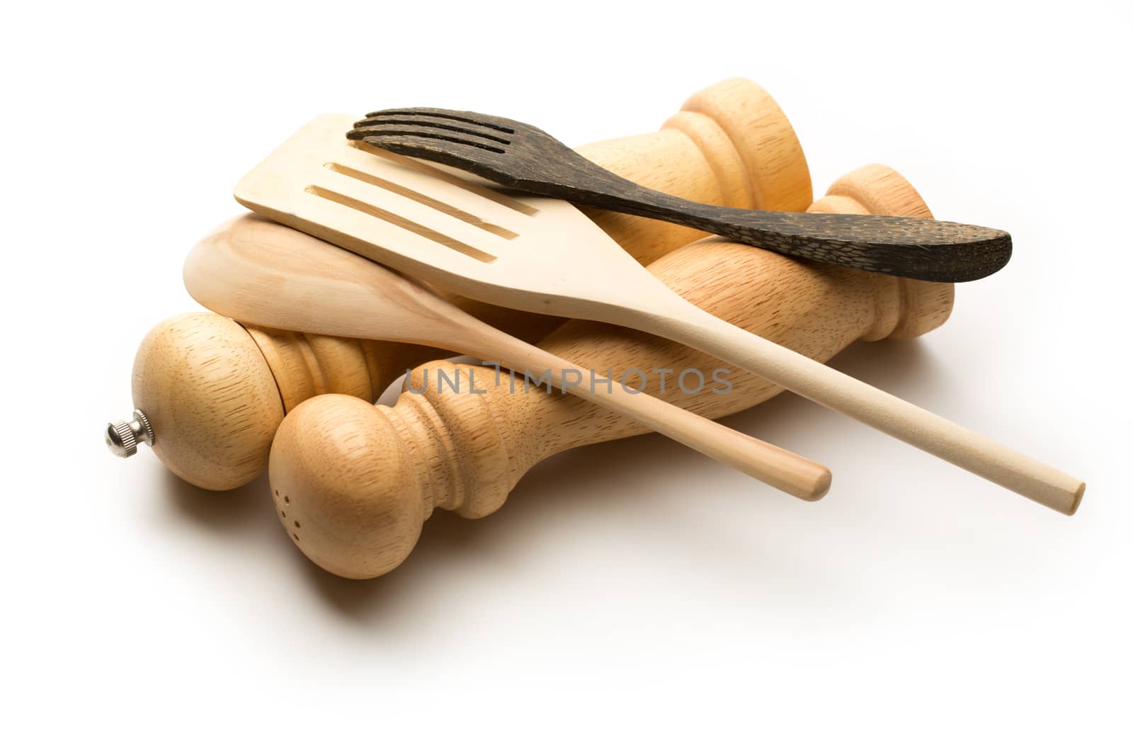 Wooden salt and pepper set with kitchen utensils