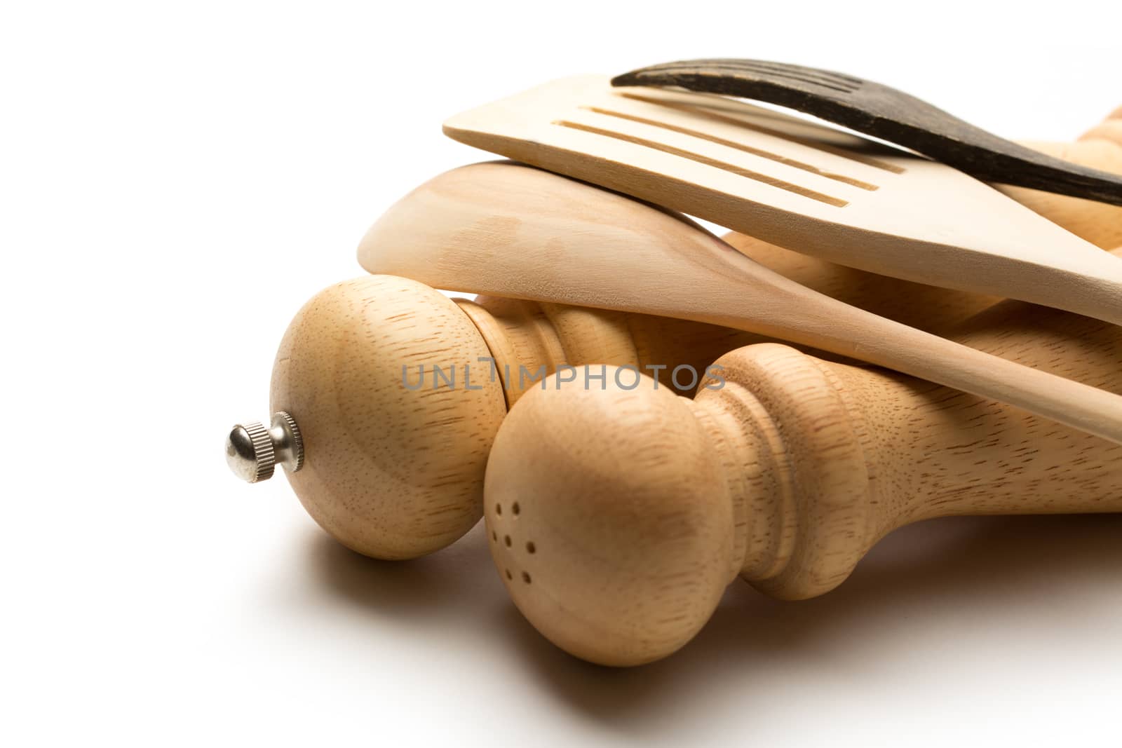 Wooden salt and pepper set with kitchen utensils