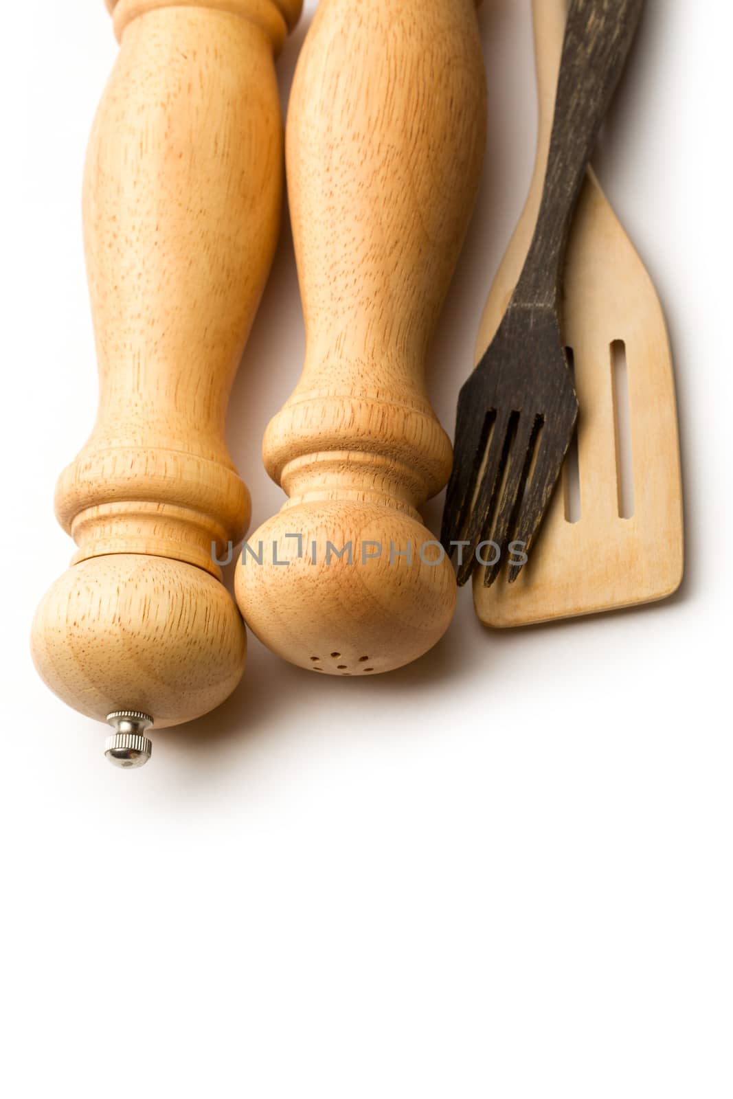 Wooden salt and pepper set with kitchen utensils