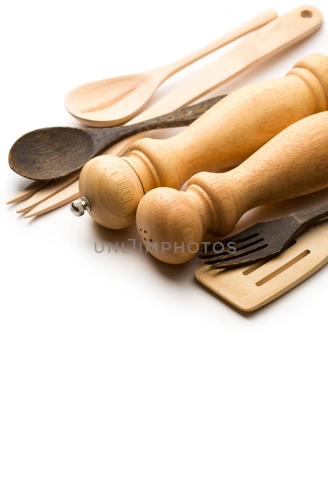 Wooden salt and pepper set with kitchen utensils