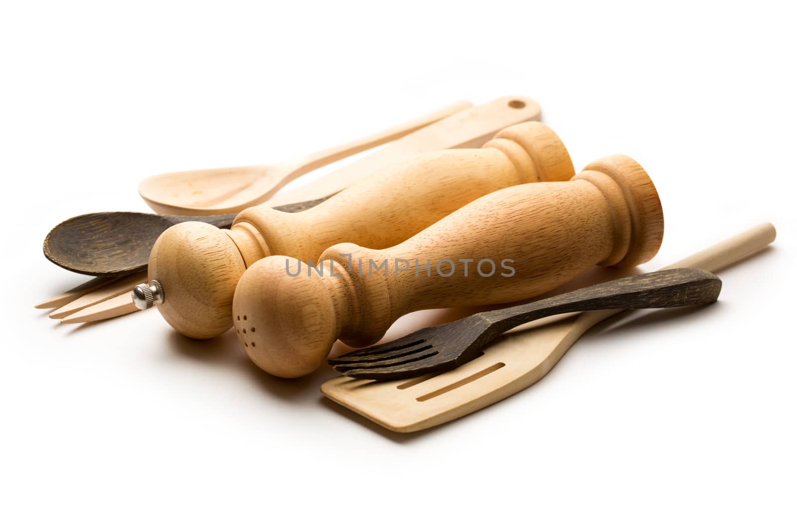 Wooden salt and pepper set with kitchen utensils