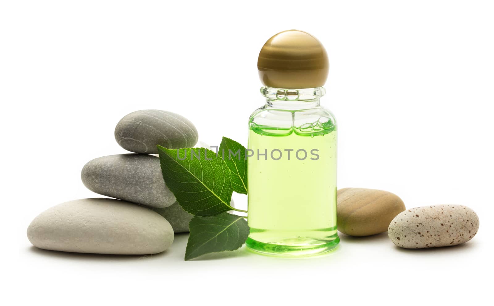 Stones, leaves and shampoo bottle