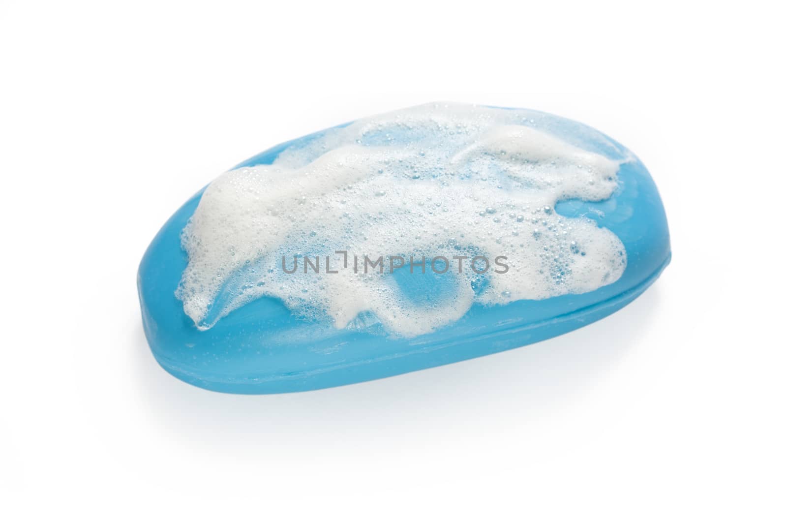 Blue soap with white suds 