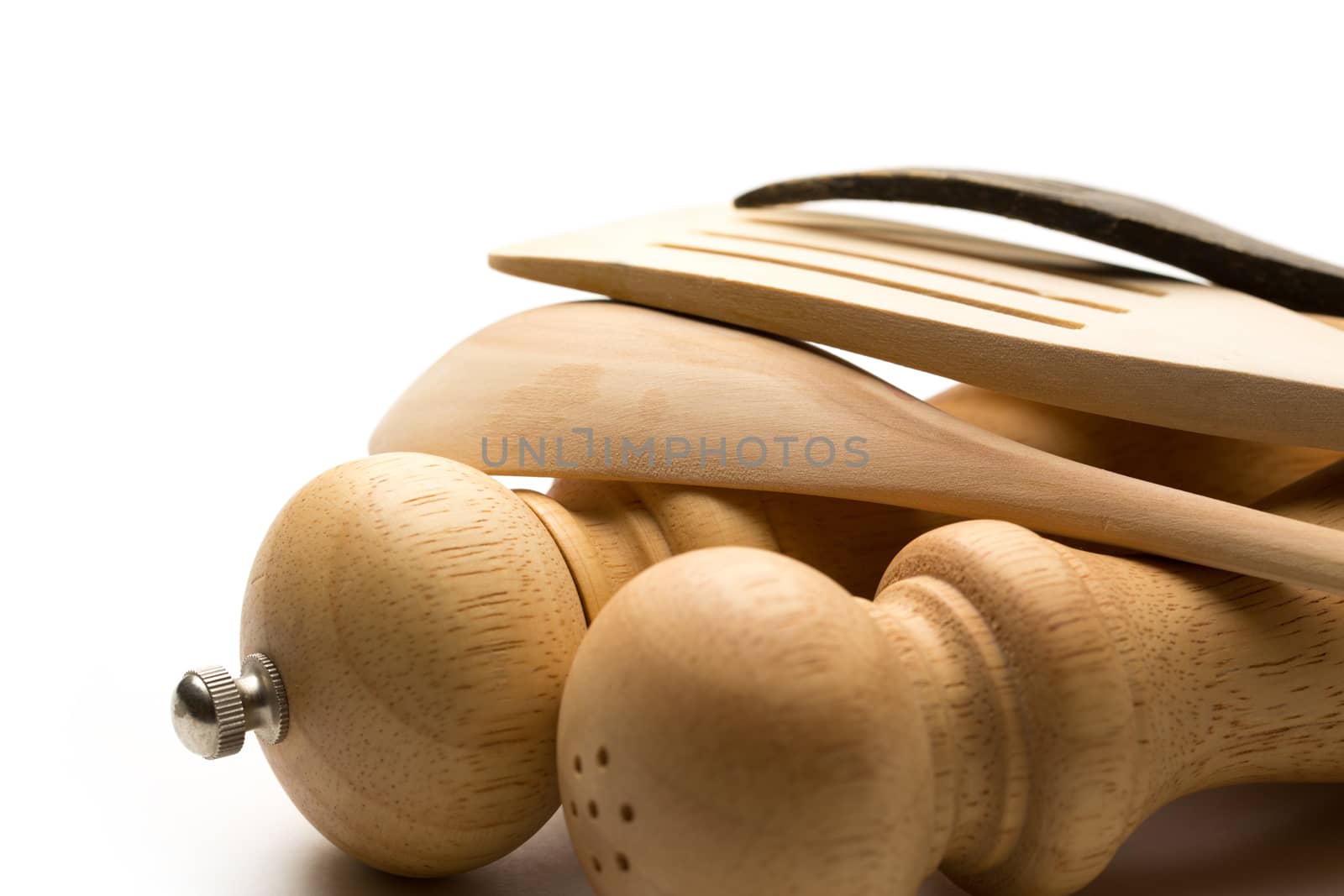 Wooden salt and pepper set with kitchen utensils