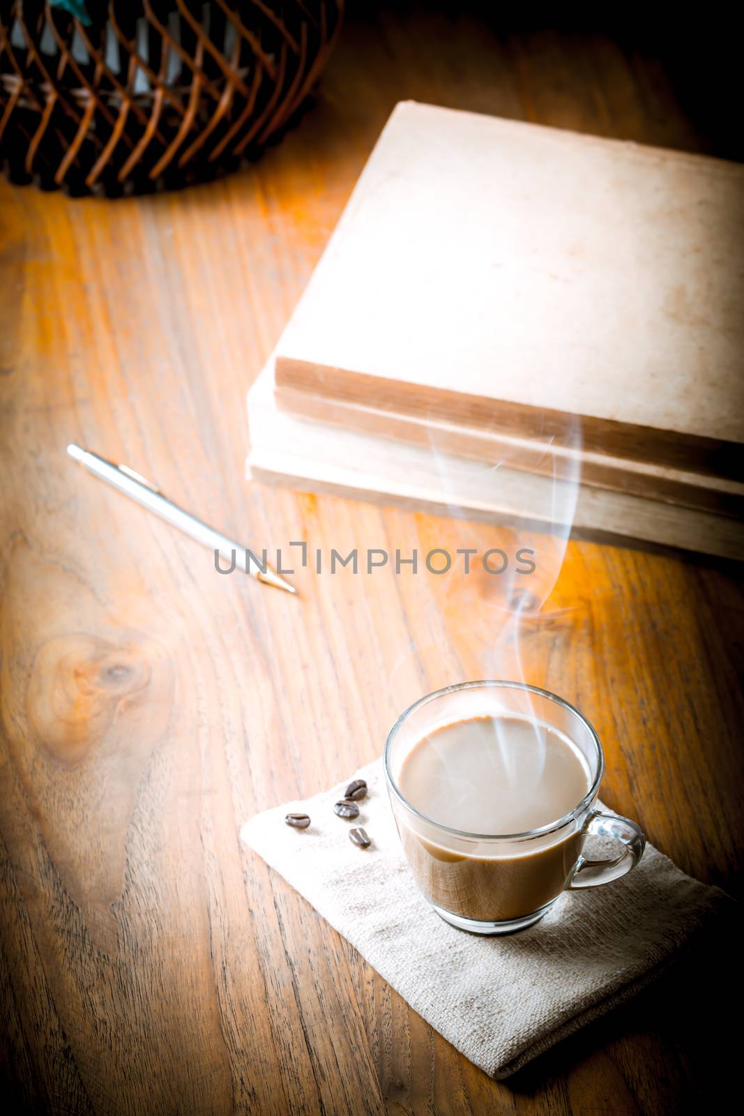 Coffee cup and coffee beans, vintage style