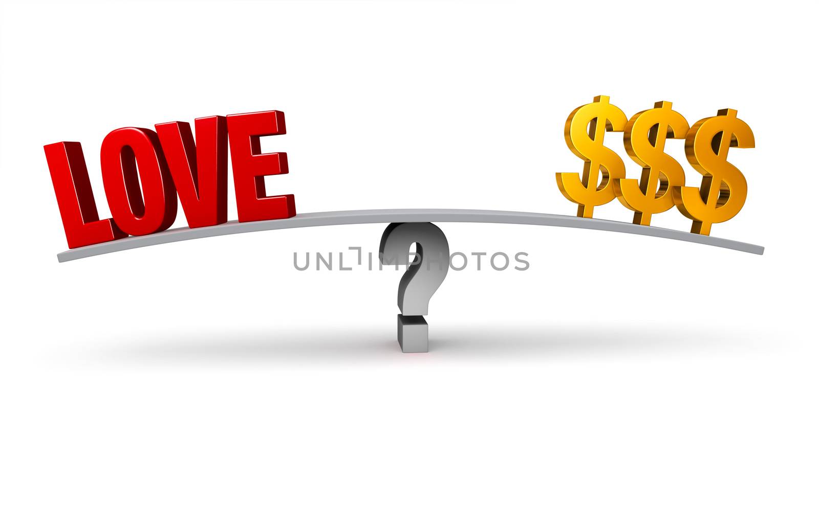A bright, red "LOVE" and three gold dollar signs sit on opposite ends of a gray board balanced on a gray question mark. Isolated on white.
